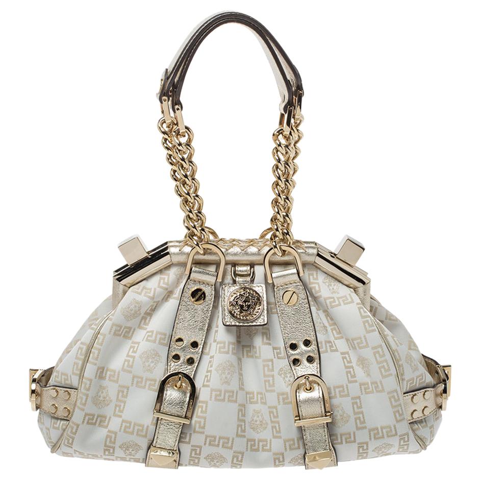 Versace Gold/White Signature Fabric and Leather Frame Satchel