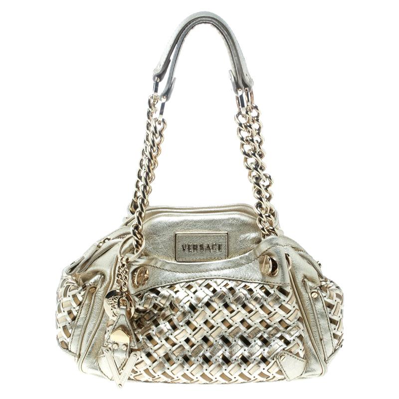 Versace Gold Woven Leather Satchel