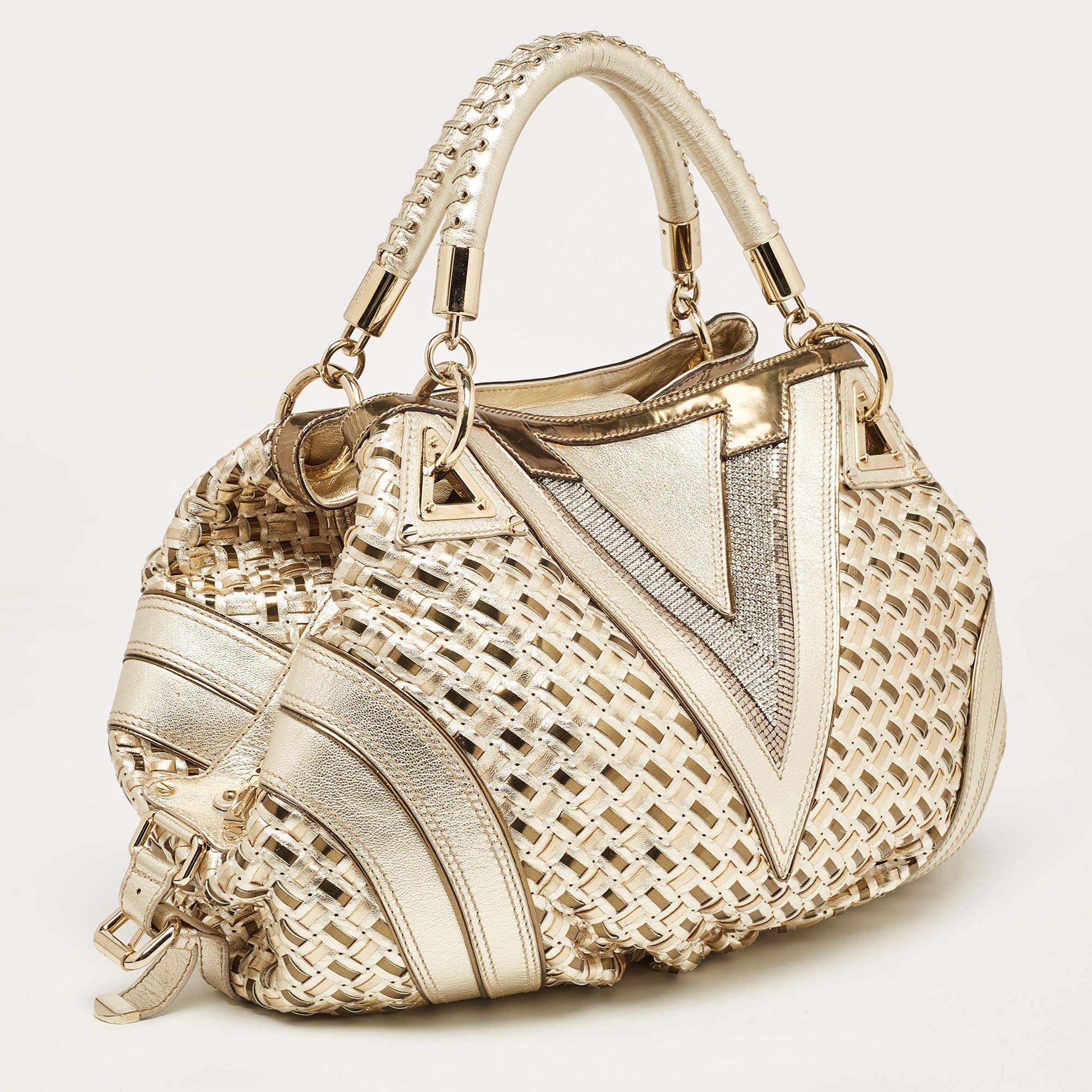 Versace Gold Woven Leather V Crystals Bag For Sale 9