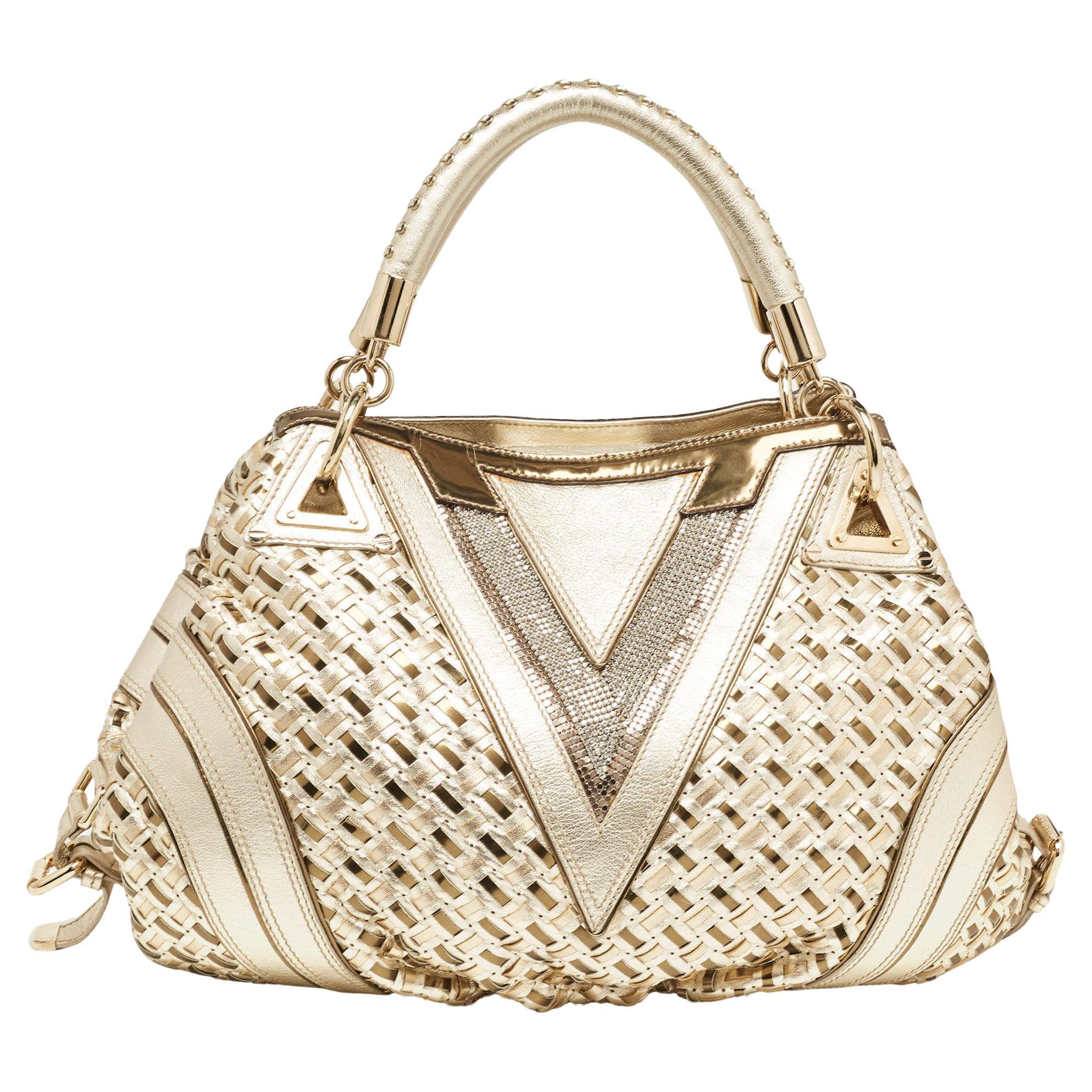 Versace Gold Woven Leather V Crystals Bag For Sale