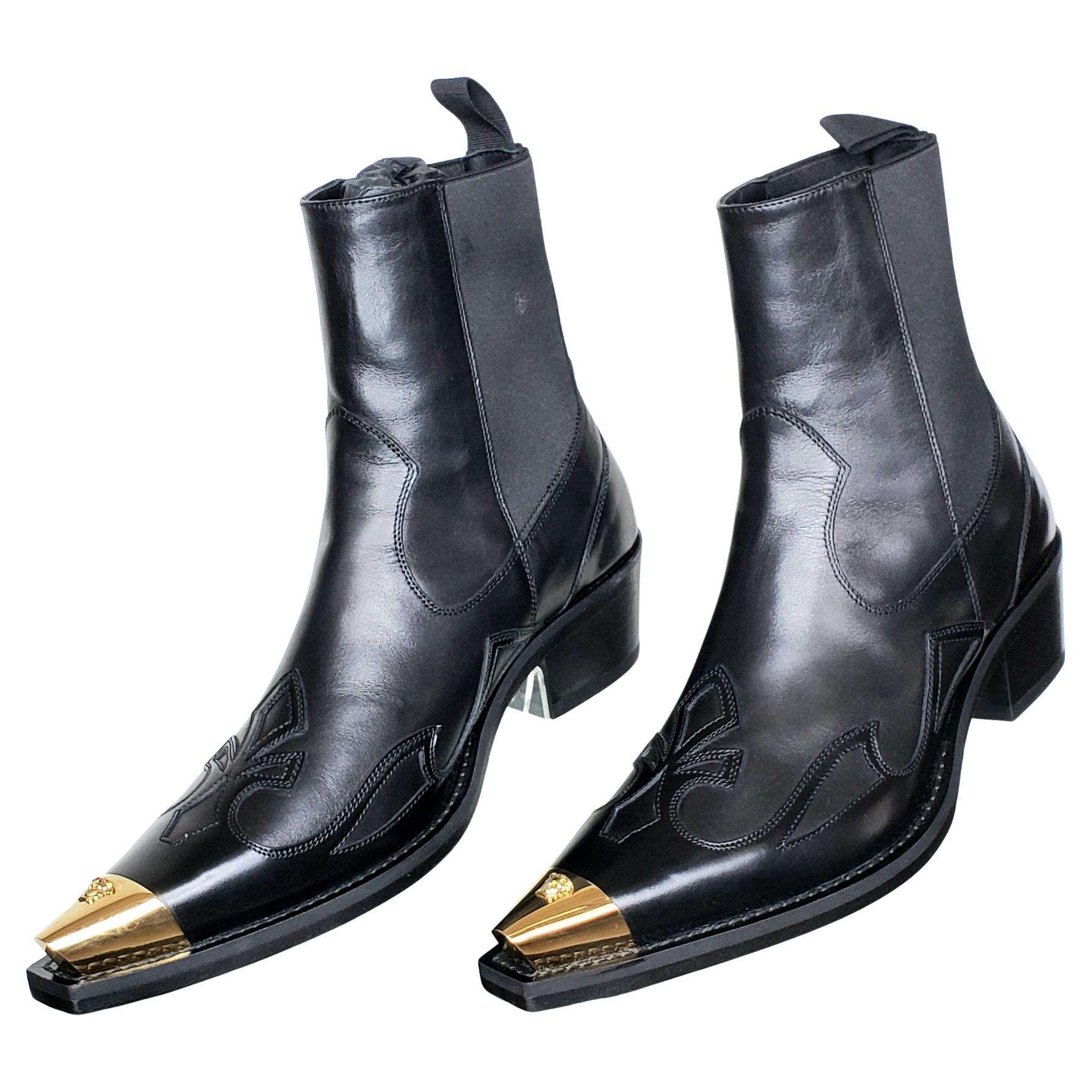 VERSACE GOTHIC SIGNS 24k GOLD PLATED MEDUSA TIPS BLACK LEATHER BOOTS 40.5 - 7.5
