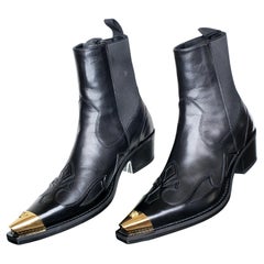 Used VERSACE GOTHIC SIGNS 24k GOLD PLATED MEDUSA TIPS BLACK LEATHER BOOTS 40.5 - 7.5