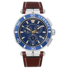 Versace Montre pour homme Greca 45 mm avec chronographe en acier et cadran à quartz bleu VE3L00122
