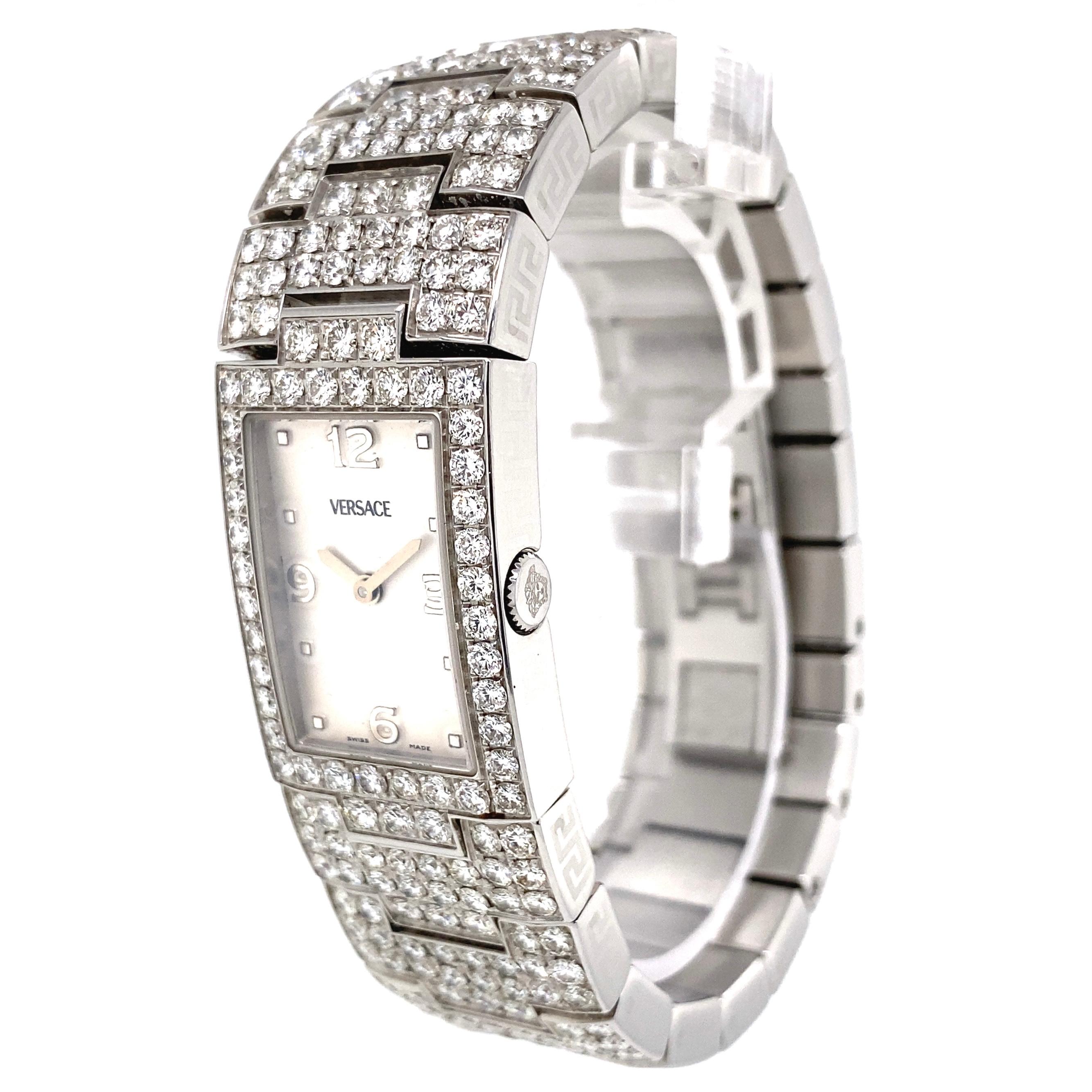 Women's or Men's Versace Greca Diamond Stainless Steel Quartz Bracelet Wristwatch For Sale