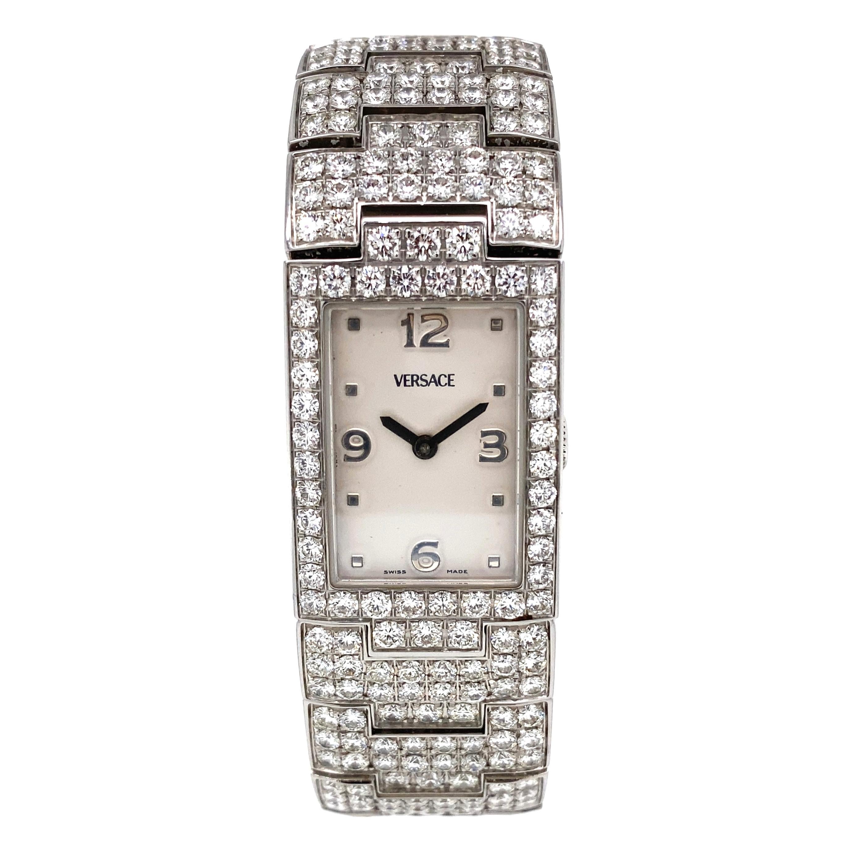 Versace Montre-bracelet à quartz Greca en acier inoxydable et diamants en vente