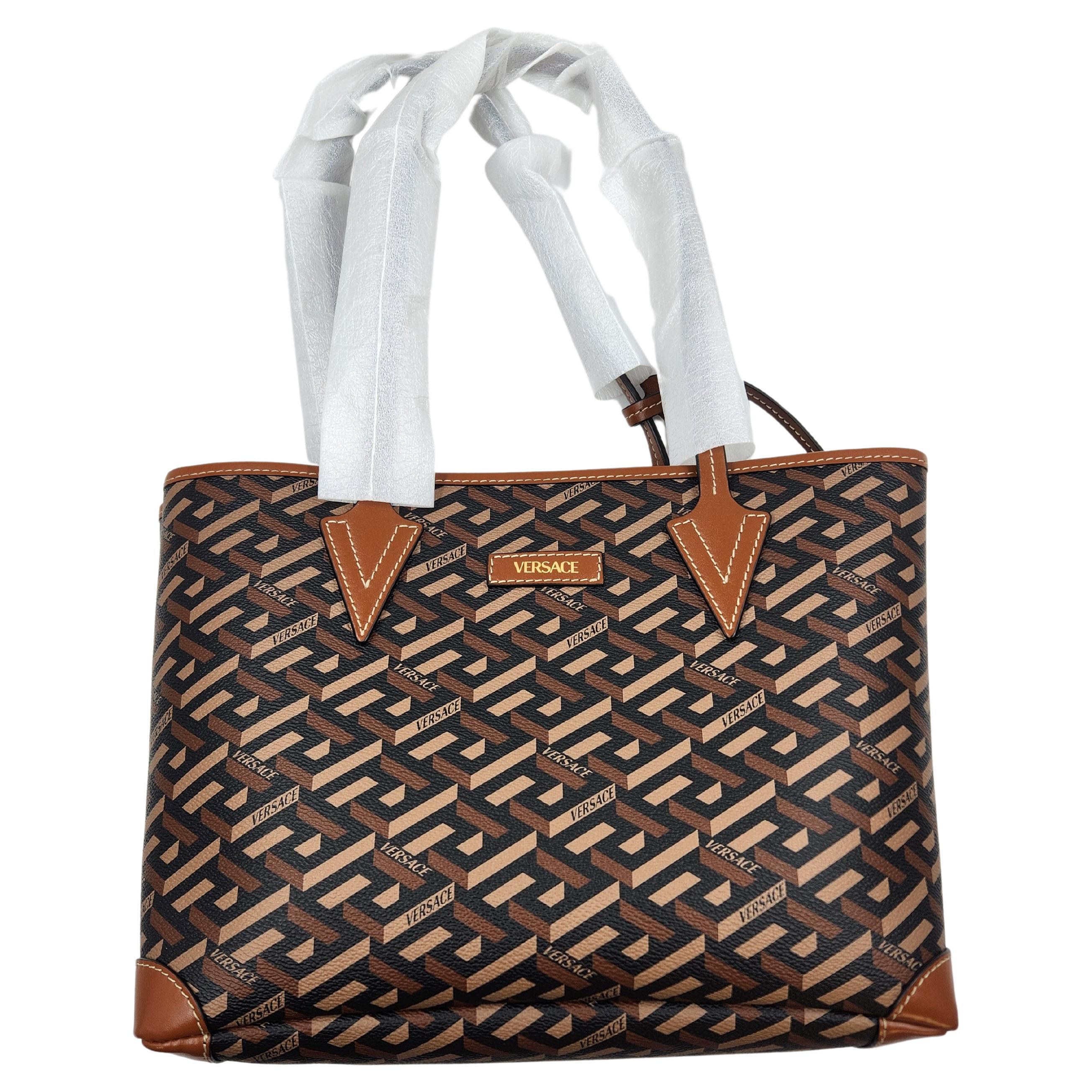 Versace Greca Logo Monogram Tote Bag with Envelope Clutch Brown Unisex For Sale