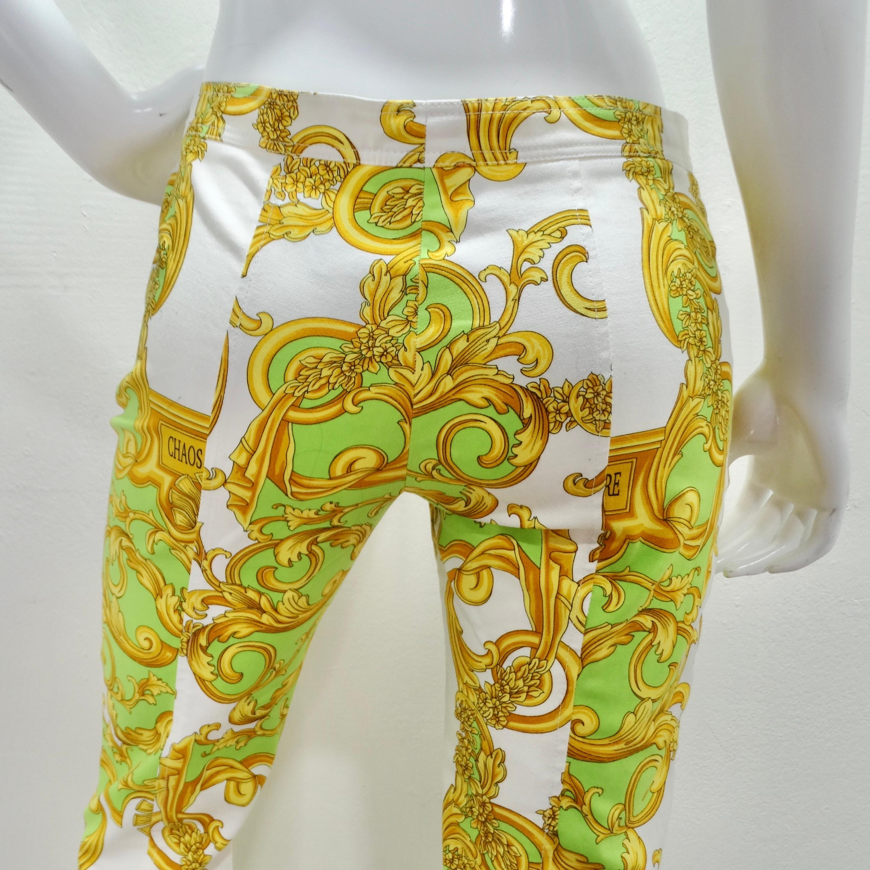 Versace Green and Gold Baroque Printed Pants For Sale 1