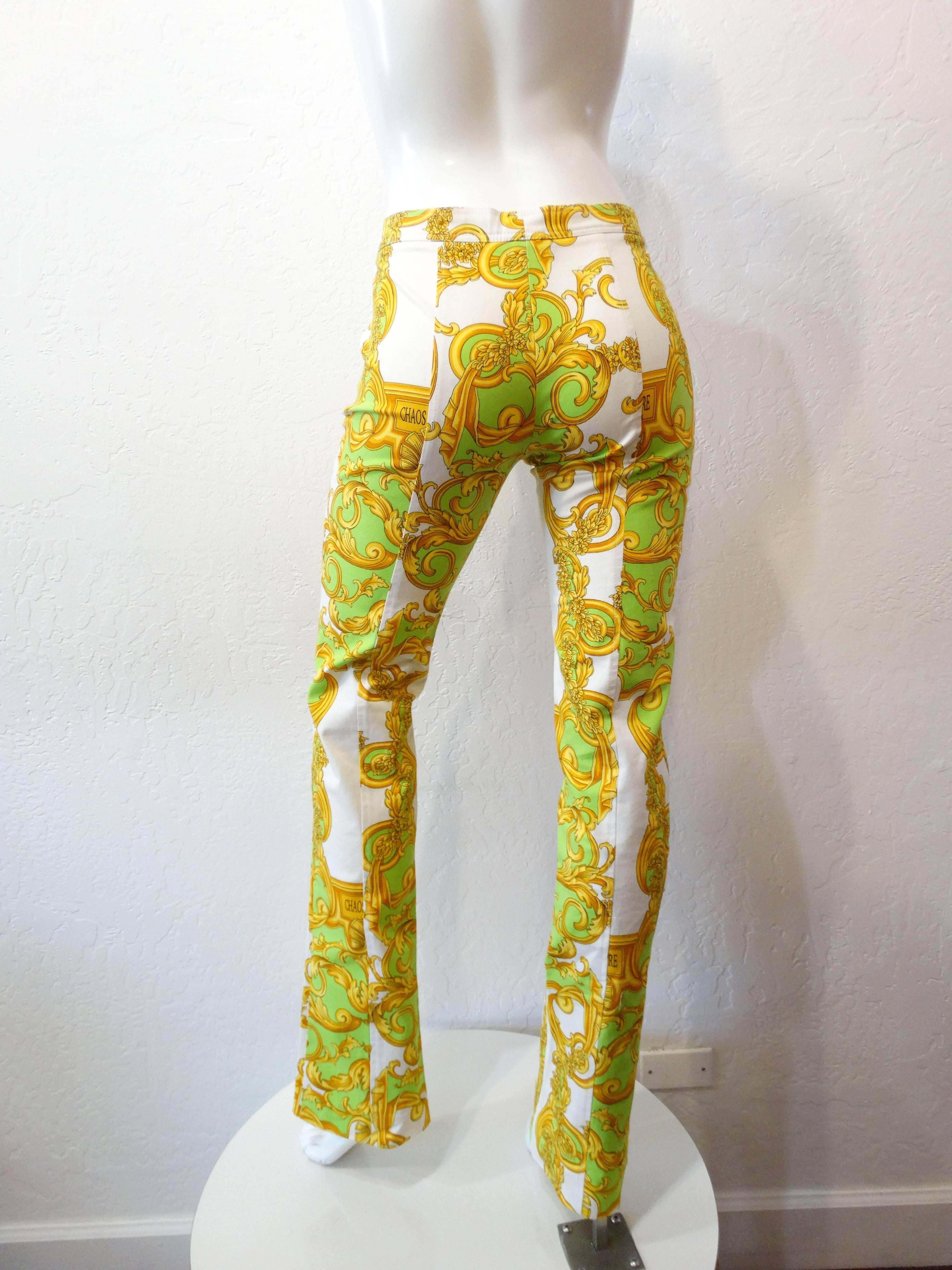 Brown Versace Green and Gold Baroque Printed Pants For Sale