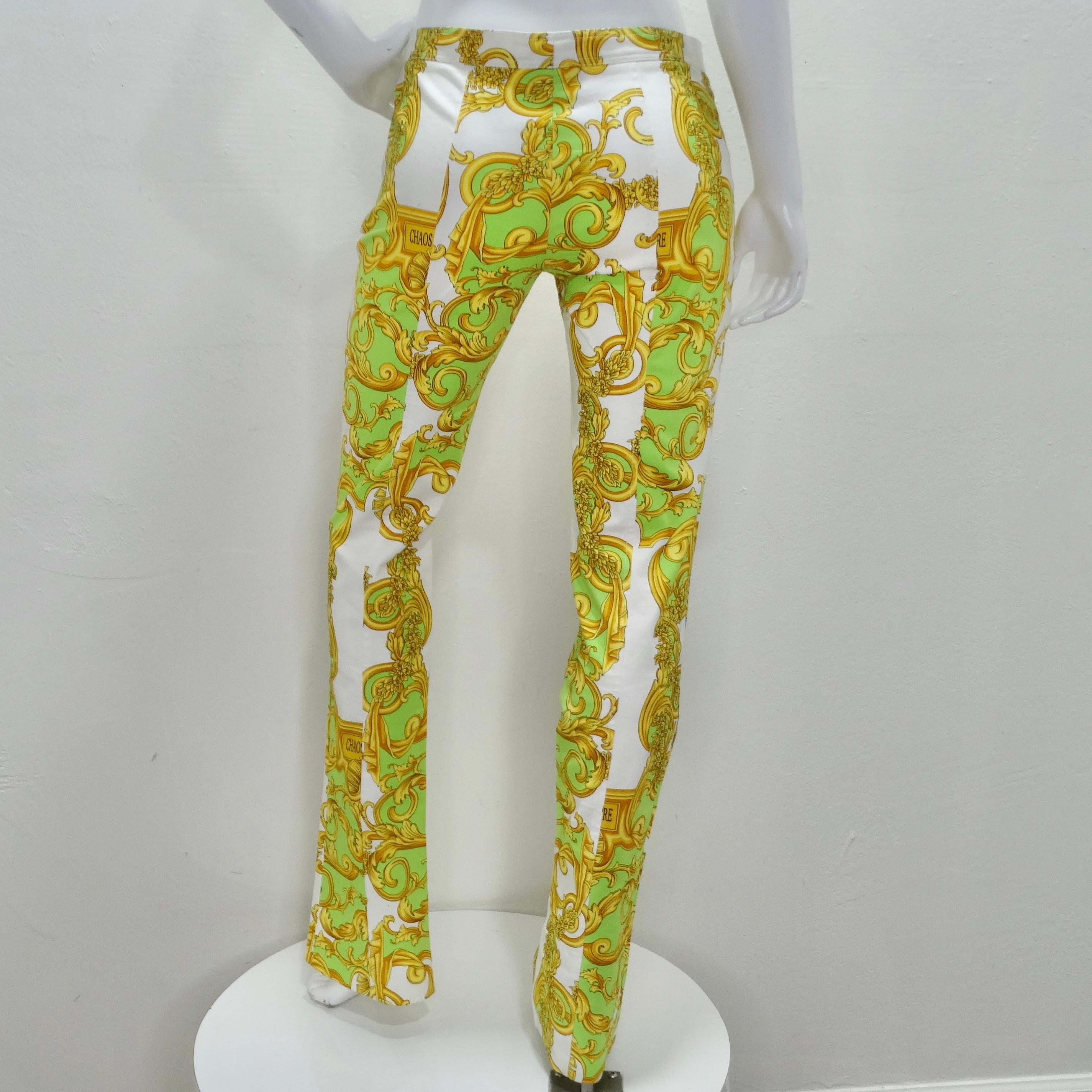 Versace Green and Gold Baroque Printed Pants For Sale 2