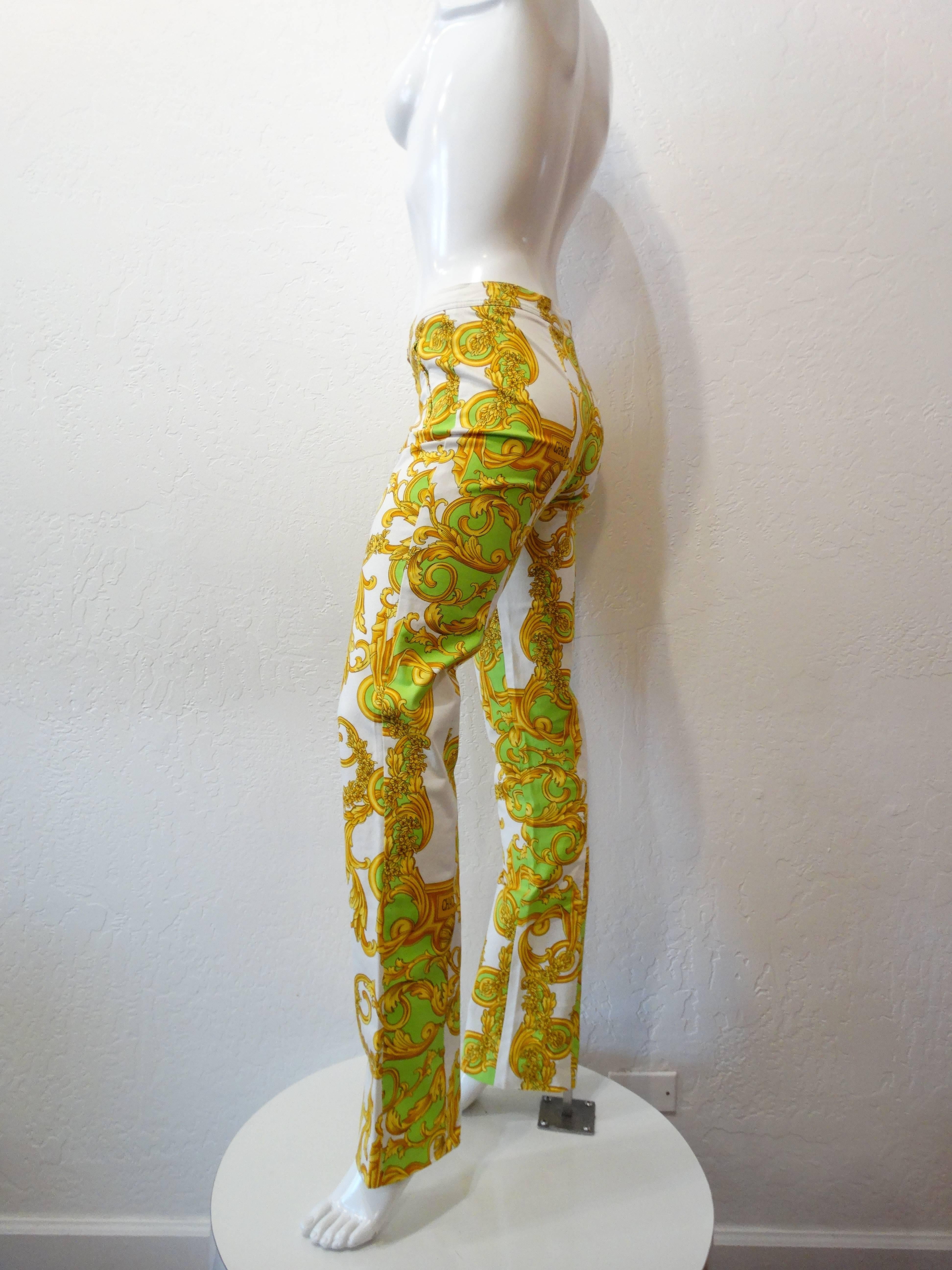 Versace Green and Gold Baroque Printed Pants  In Excellent Condition For Sale In Scottsdale, AZ