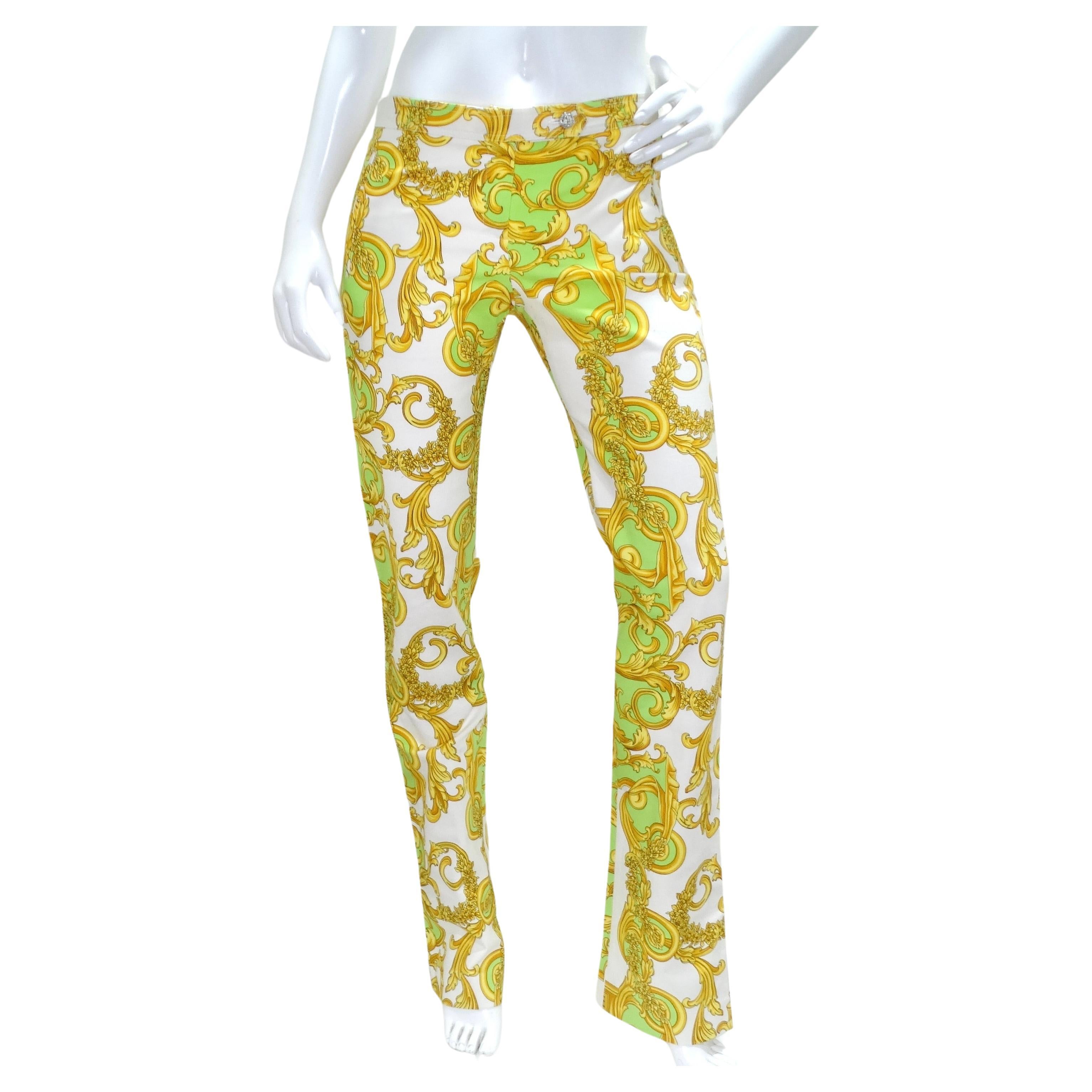 Versace Green and Gold Baroque Printed Pants For Sale