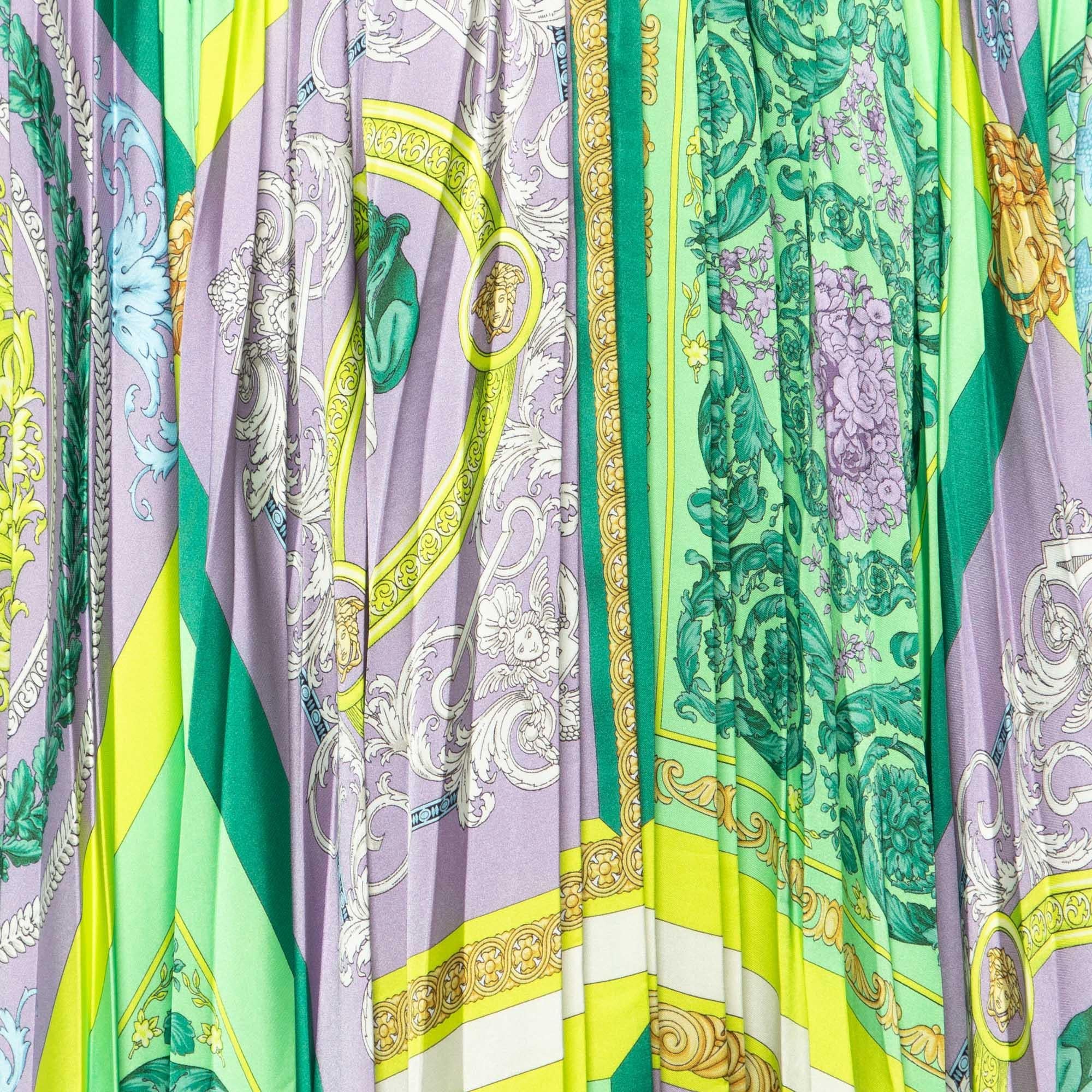 Versace Green Baroque Mosaic Print Satin Pleated Skirt M 1