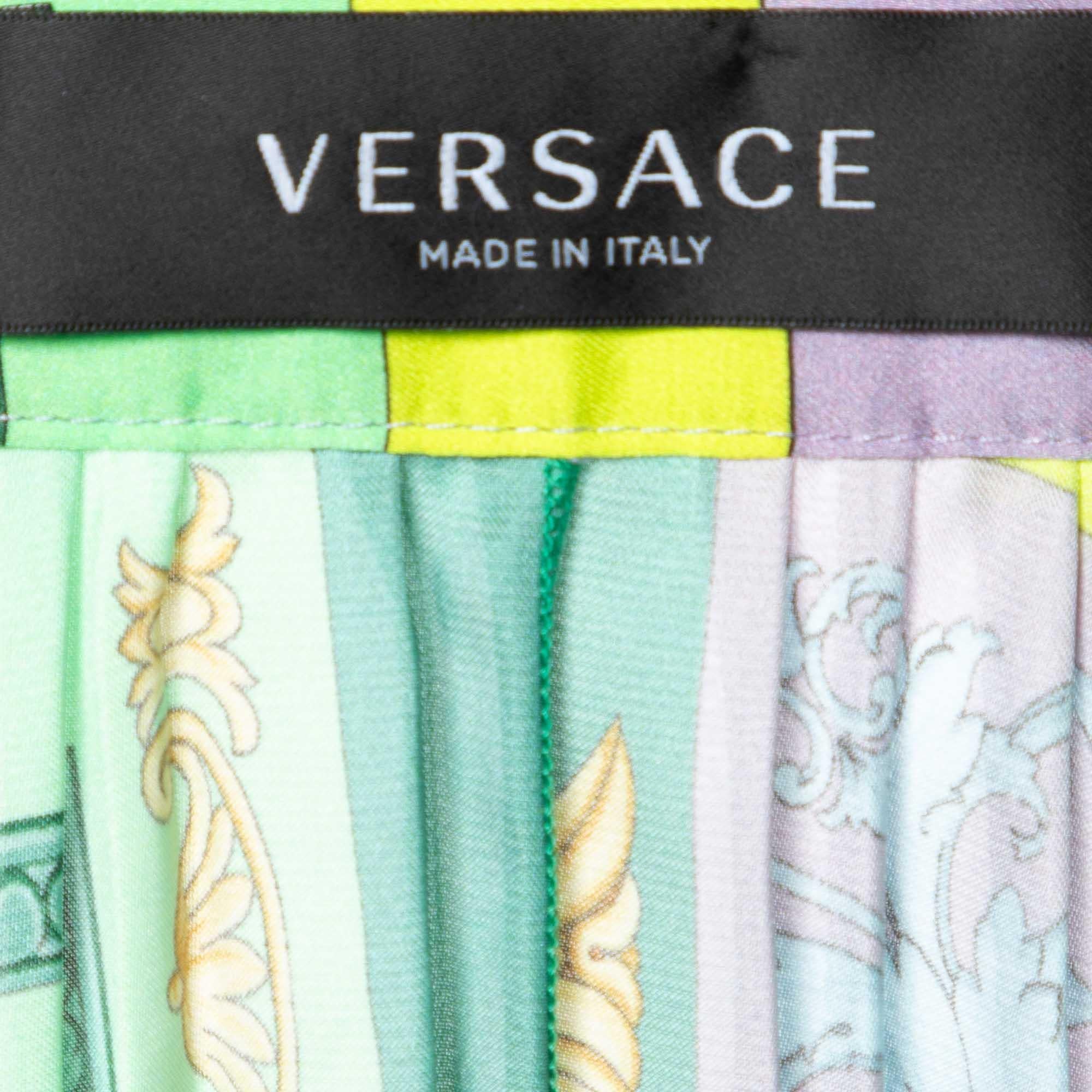 Versace Green Baroque Mosaic Print Satin Pleated Skirt M 2