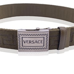 Verstellbarer Unisex-Gürtel von Versace aus grünem Segeltuch mit griechischem Muster Größe 80/32