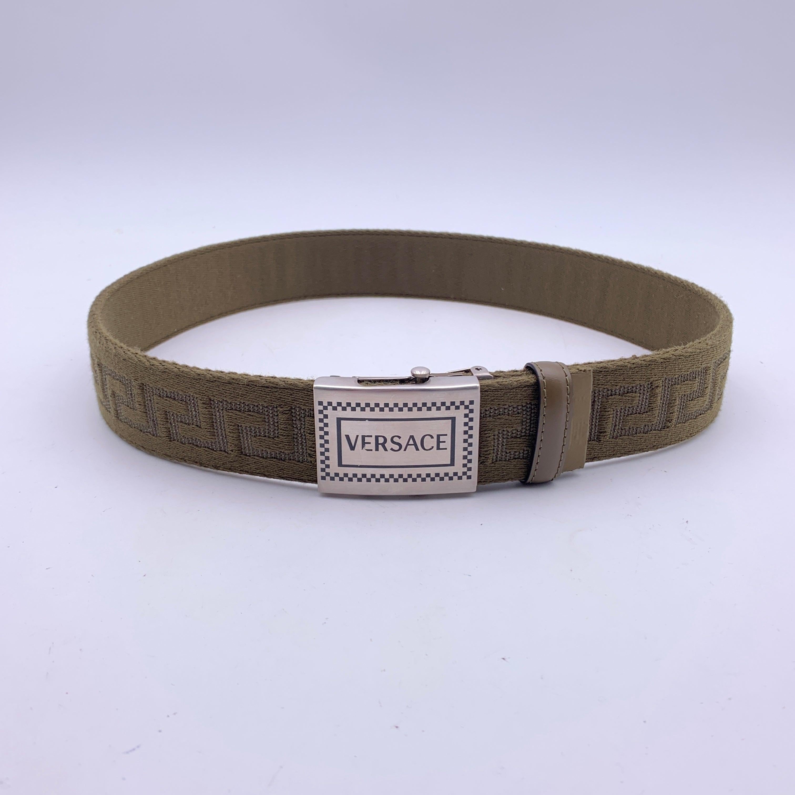 Versace Green Canvas Greek Pattern Unisex Adjustable Belt Size 80/32 In New Condition For Sale In Rome, Rome