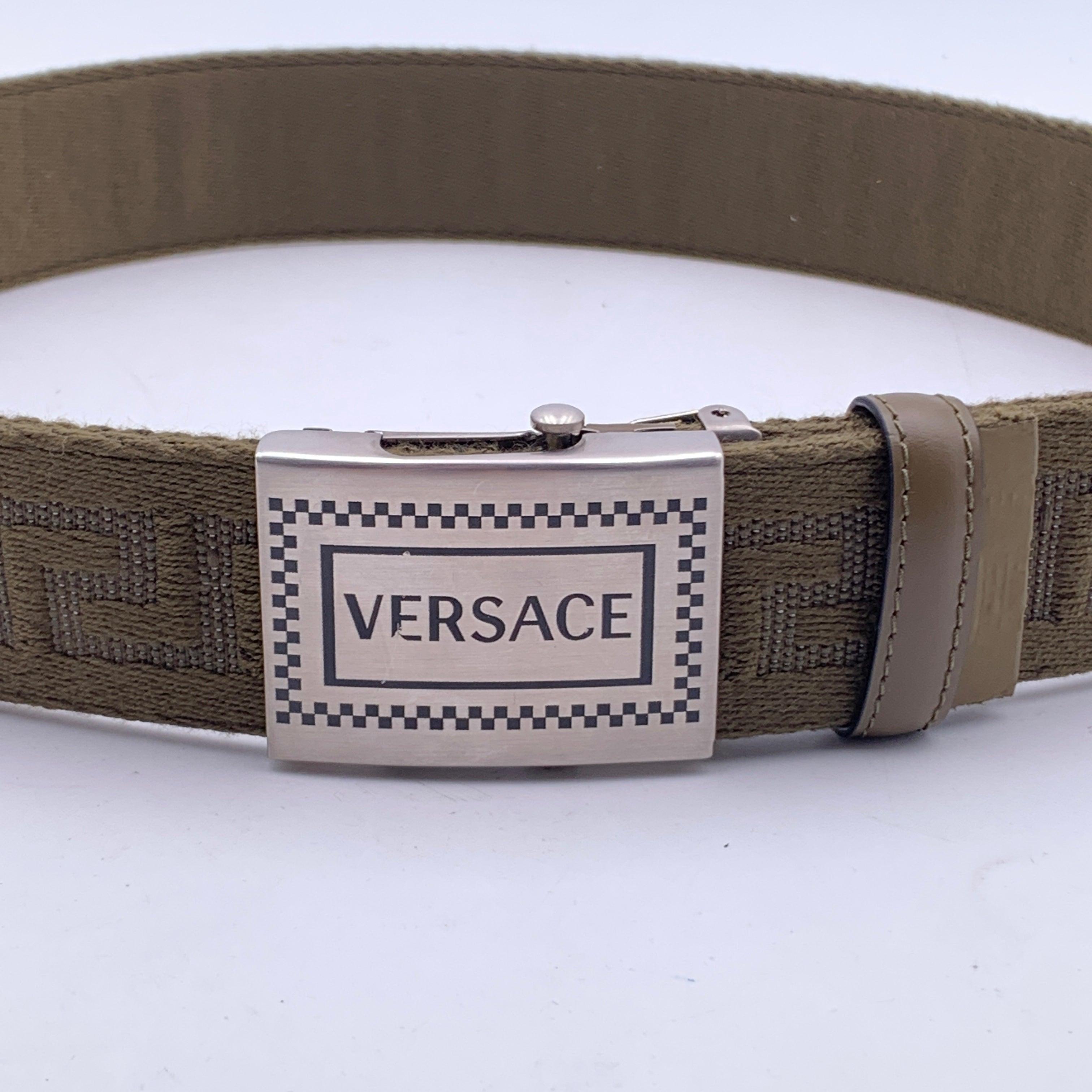 Versace Green Canvas Greek Pattern Unisex Adjustable Belt Size 80/32 2