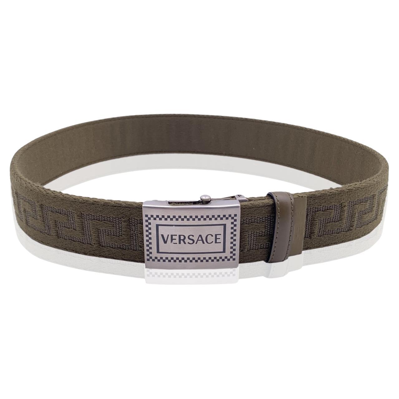 Versace Ceinture unisexe réglable en toile verte à motif grec, Taille 80/32