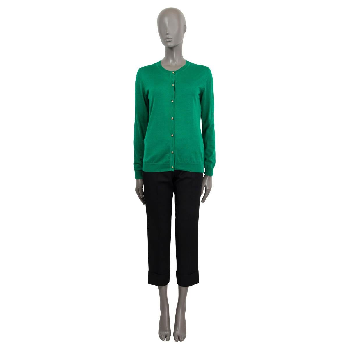 100% authentic Versace round-neck fine-knit cardigan in green cashmere (70%) and silk (30%). Features are gold-ton medusa buttons. Has been worn and is in excellent condition.

Measurements
Tag Size	44
Size	L
Shoulder Width	41cm (16in)
Bust