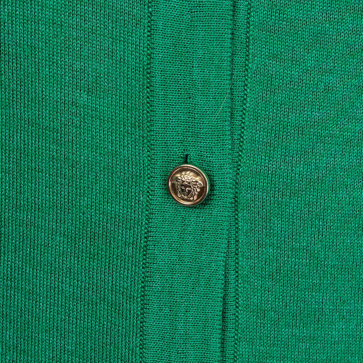 Green VERSACE green cashmere & silk BUTTON FRONT CREWNECK Cardigan Sweater 44 L For Sale