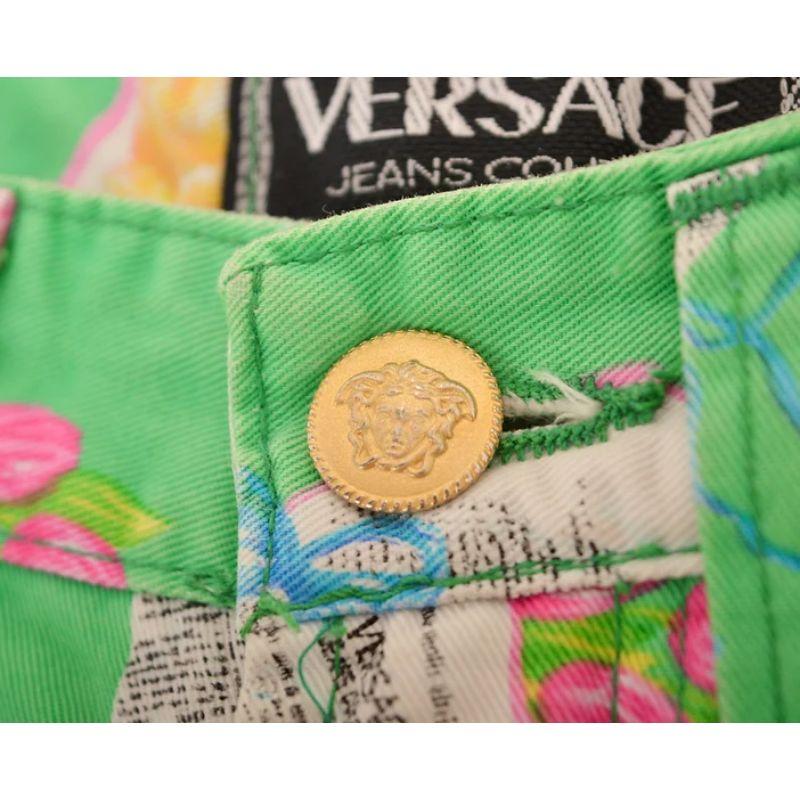 Women's 1990's Versace Green Floral Bouquet pattern high waisted Jeans For Sale