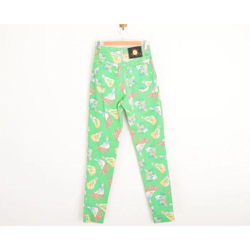 1990's Versace Green Floral Bouquet pattern high waisted Jeans For Sale 2