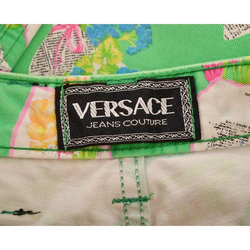 1990's Versace Green Floral Bouquet pattern high waisted Jeans For Sale 5