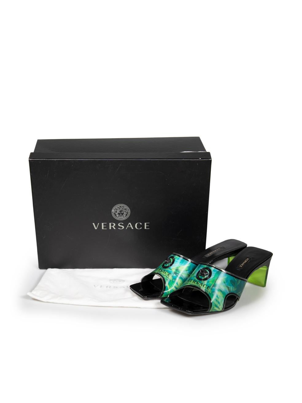 Versace Green Jungle Lenticular Print Logo Mules Size IT 39 For Sale 2