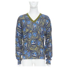 VERSACE green khaki blue baroque print V neck sweater IT52 XL