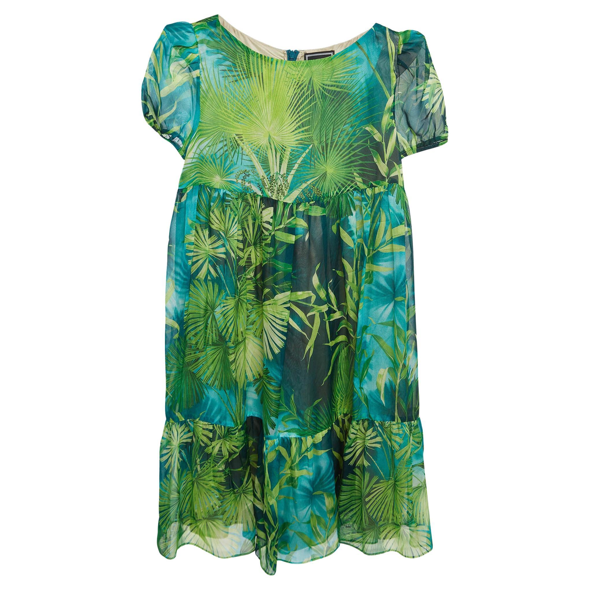 Versace Green Leaf Print Silk Chiffon Dress (12 Yrs) For Sale
