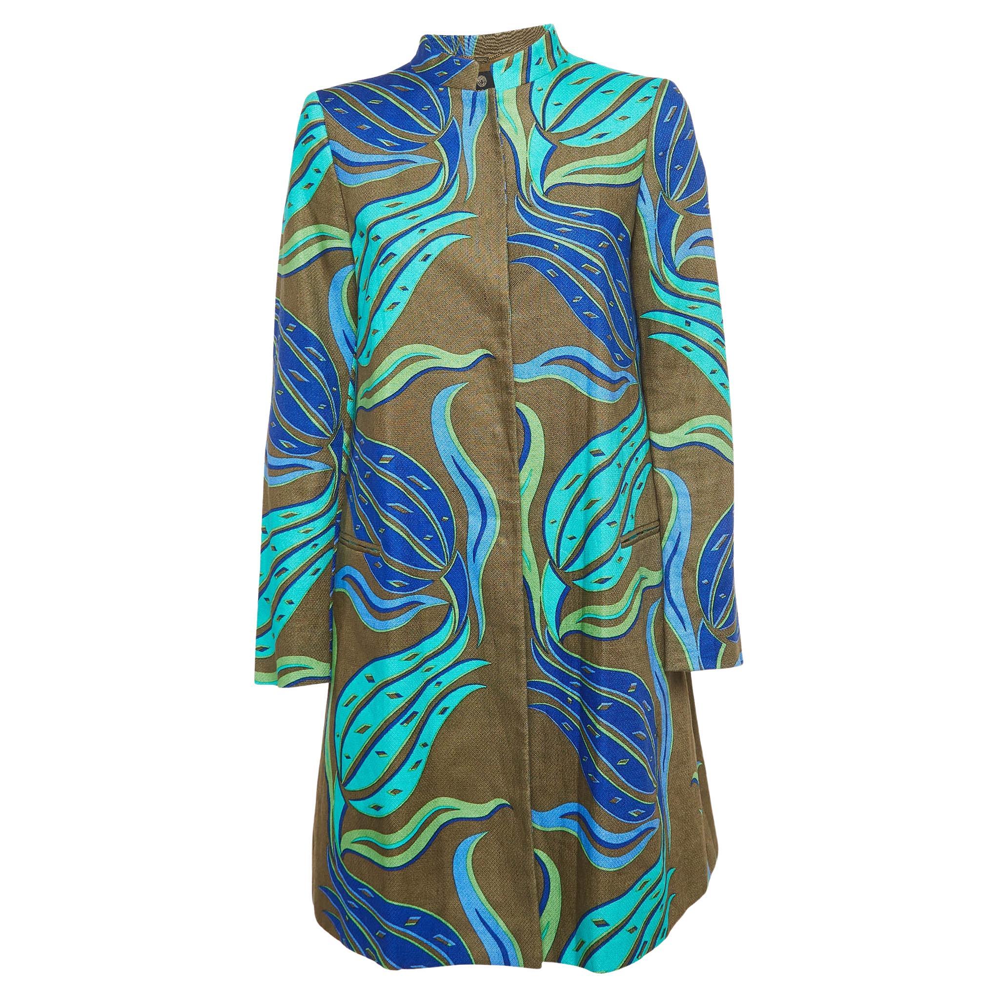 Versace Green Printed Linen Mid-Length Coat M For Sale