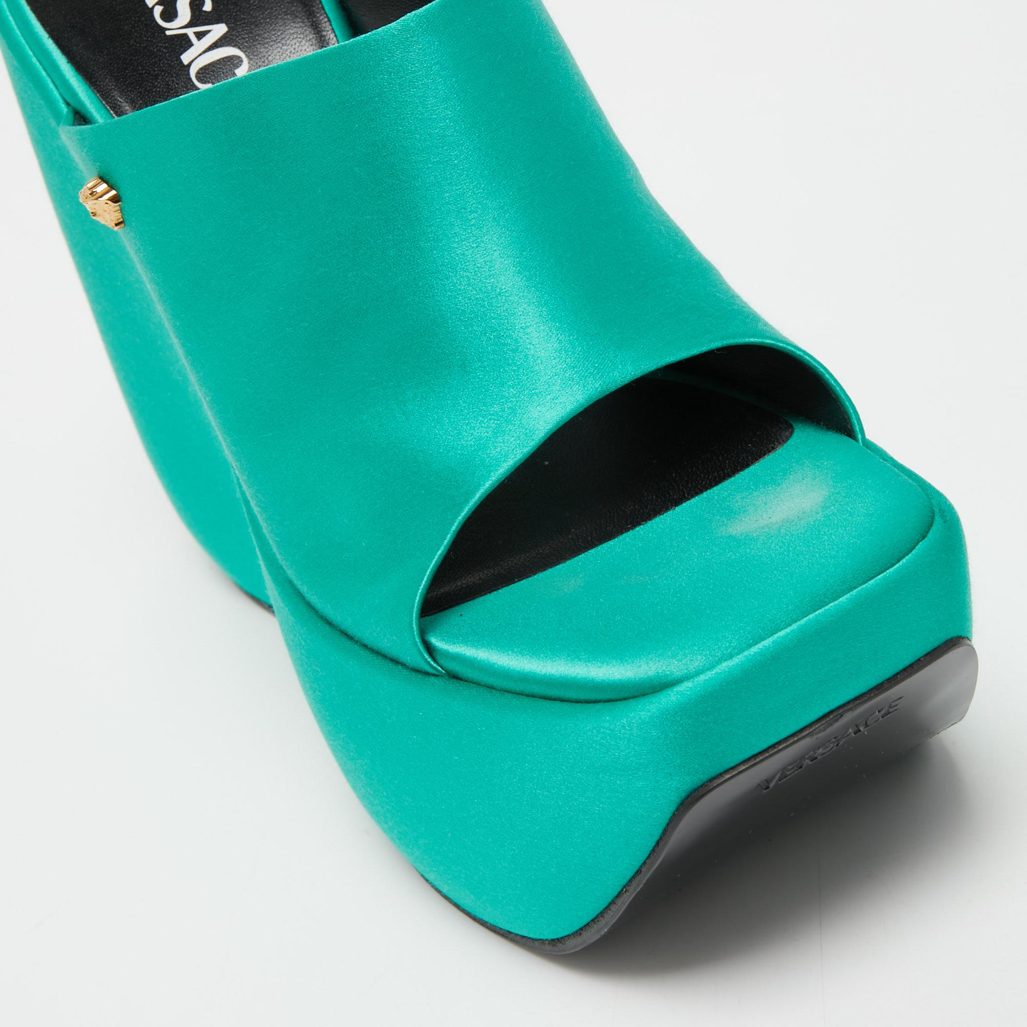 Versace Green Satin Triplatform Wedge Mules Size 38.5 1
