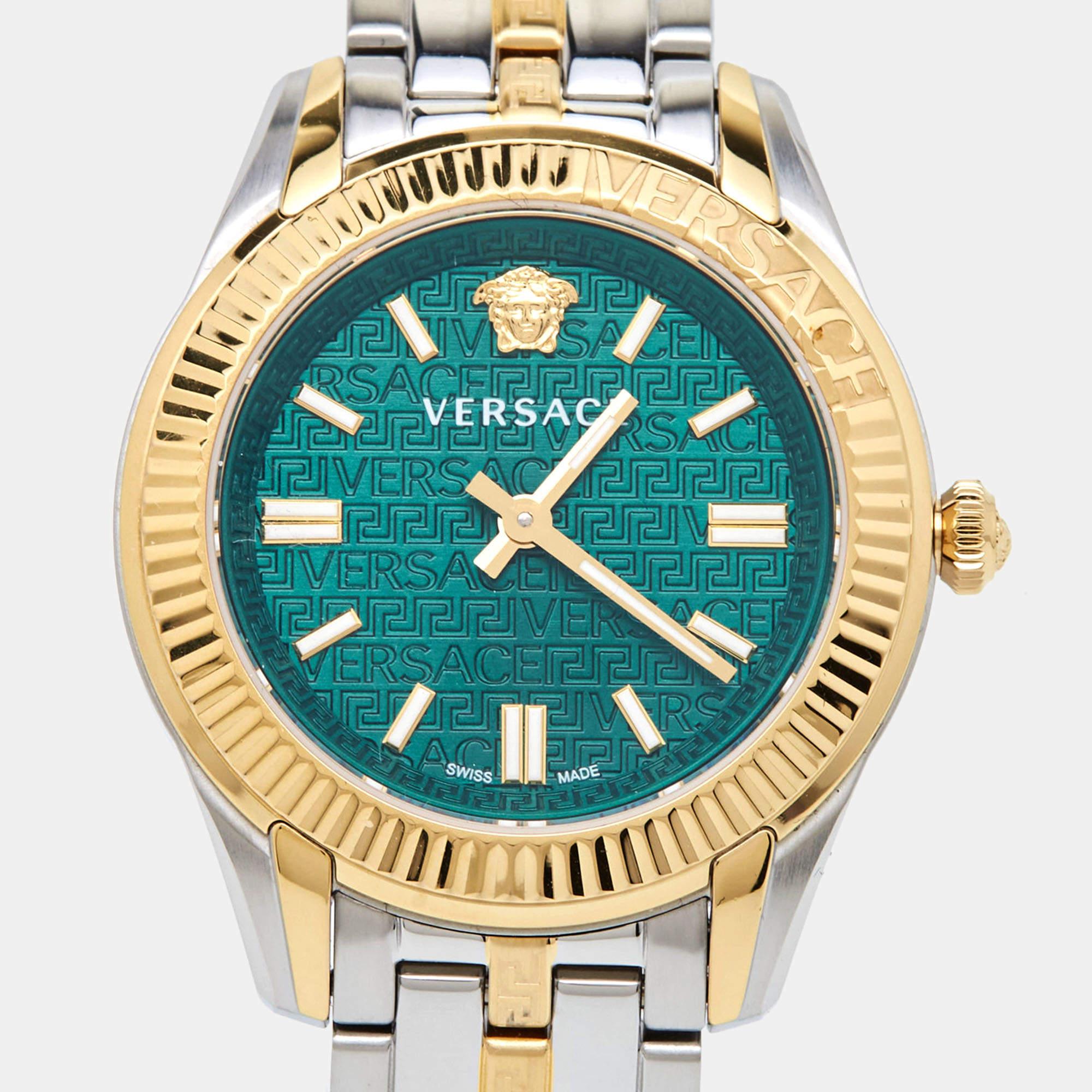 Aesthetic Movement Versace Green Two-Tone Stainless Steel Greca VE6C00423 Women's Wristwatch 35 mm