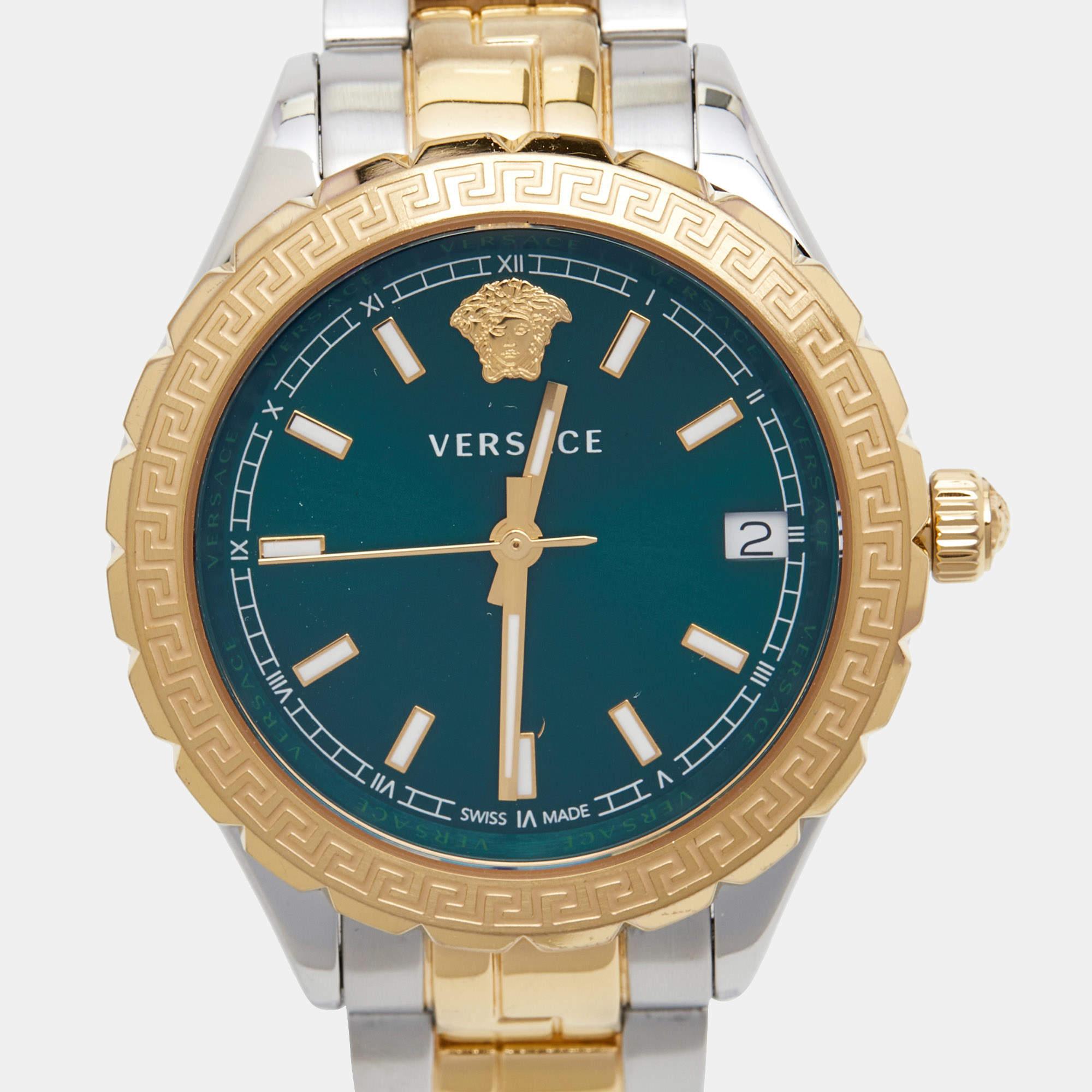 The Versace Hellenyium V12050016 Women's Wristwatch exudes elegance and sophistication. Its striking design combines a vibrant green hue on the dial with luxurious stainless steel in dual tones, creating a captivating aesthetic. With precise quartz