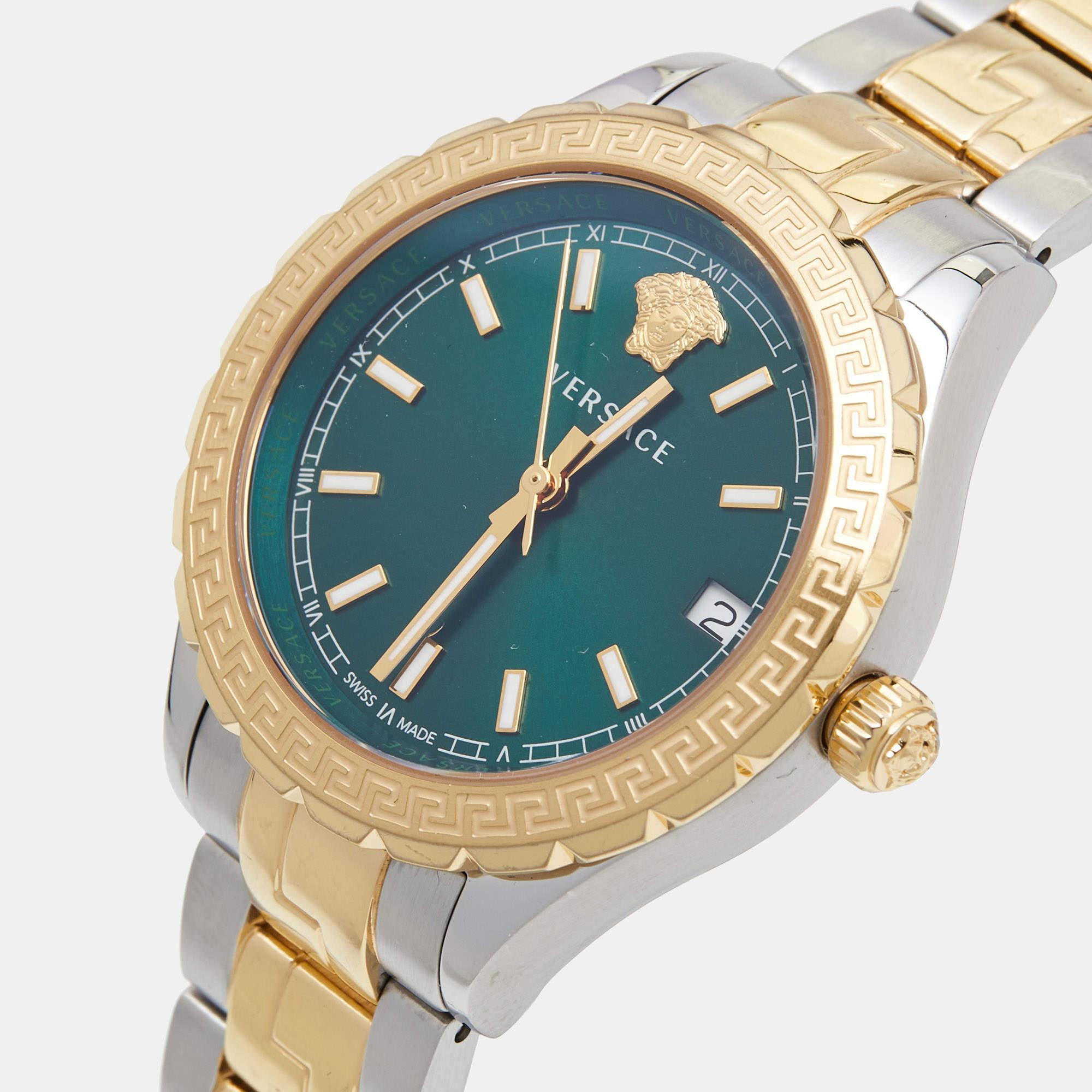 Versace Green Two-Tone Stainless Steel Hellenyium V12050016 Women's Wristwatch 3 In Good Condition For Sale In Dubai, Al Qouz 2