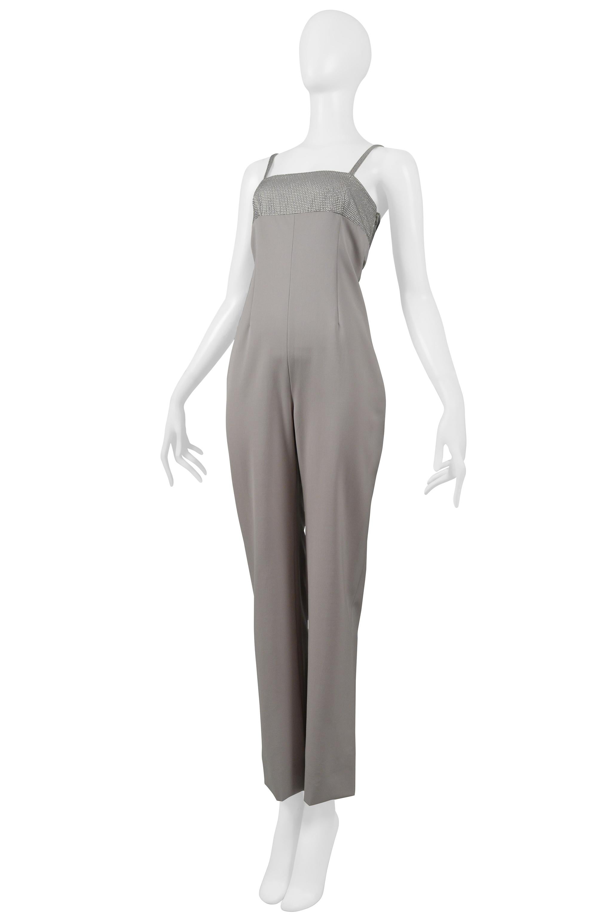 Versace Grey Evening Jumpsuit with Metallic Yoke 1998 In Excellent Condition For Sale In Los Angeles, CA