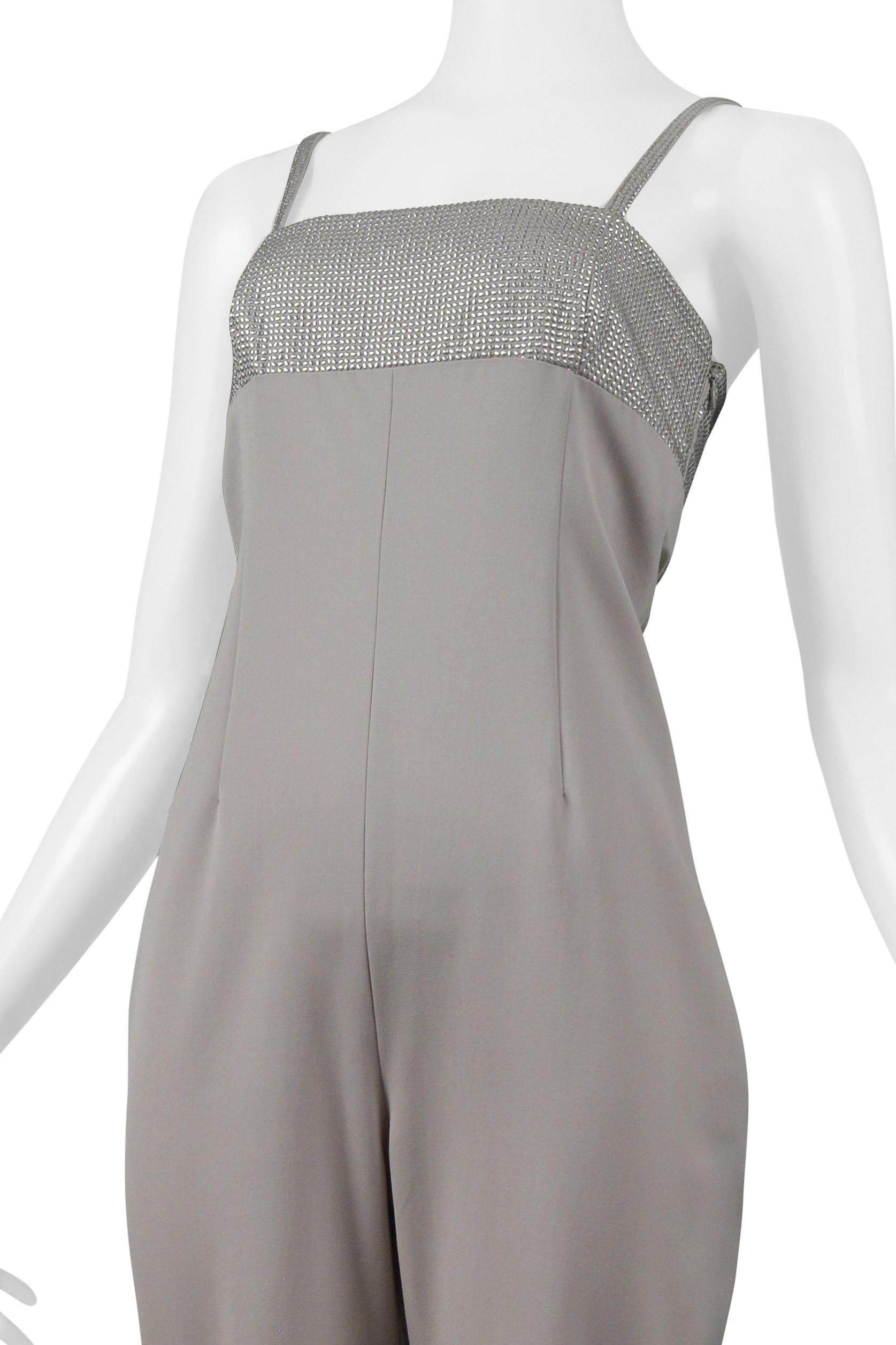 Women's Versace Grey Evening Jumpsuit with Metallic Yoke 1998 For Sale
