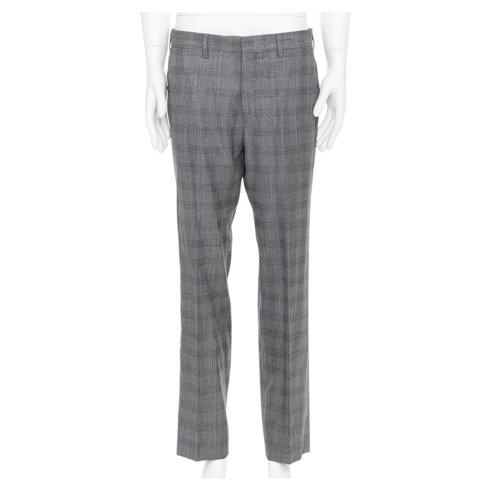 VERSACE grey wool silk checkered straight leg trousers IT50 L For Sale
