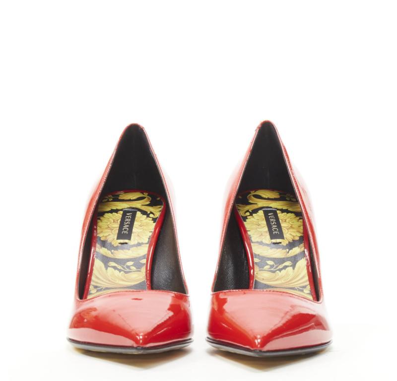 Pink VERSACE Hibiscus Barocco gold sole red patent Medusa stud pump EU38.5 For Sale