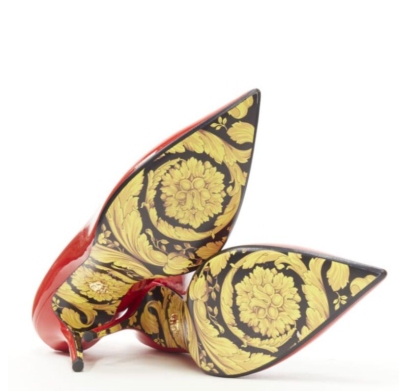 VERSACE Hibiscus Barocco gold sole red patent Medusa stud pump EU39 US9 7