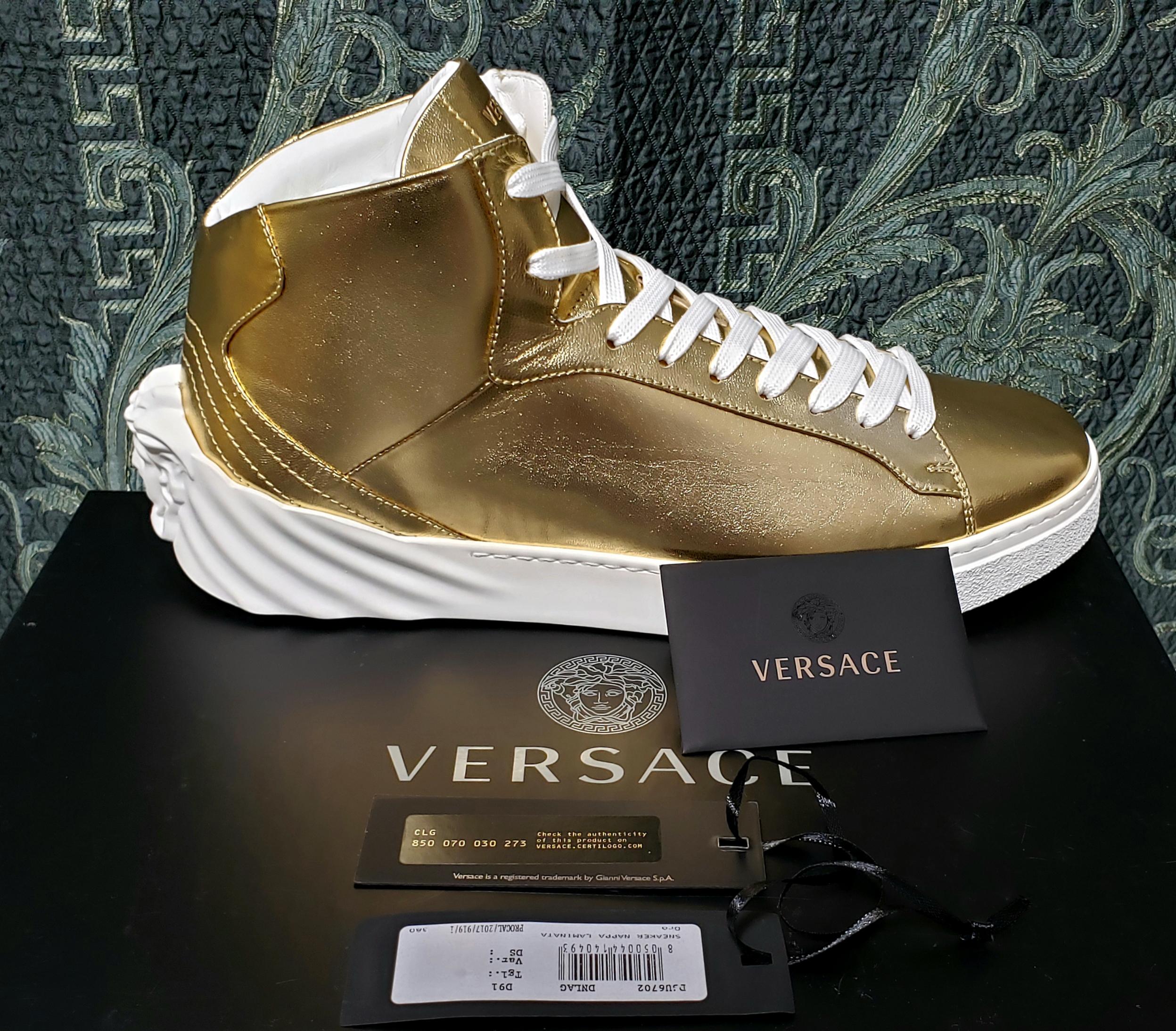 VERSACE HIGH -TOP METALLIC LEATHER SNEAKERS w/WHITE MEDUSA SOLE 41 For Sale 2