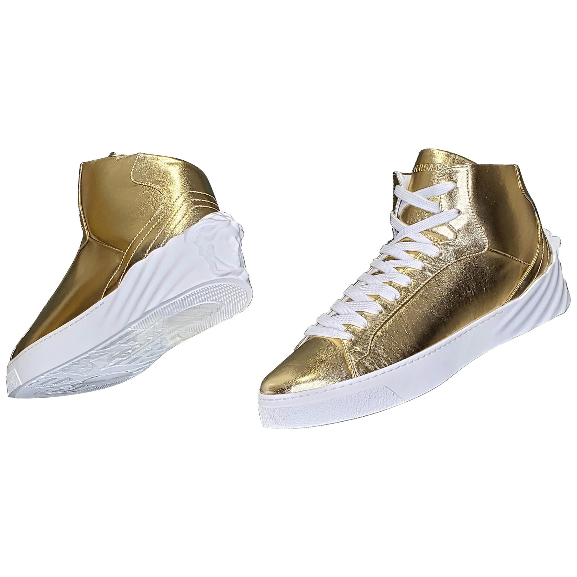 VERSACE HIGH -TOP METALLIC LEATHER SNEAKERS w/WHITE MEDUSA SOLE 41 For Sale