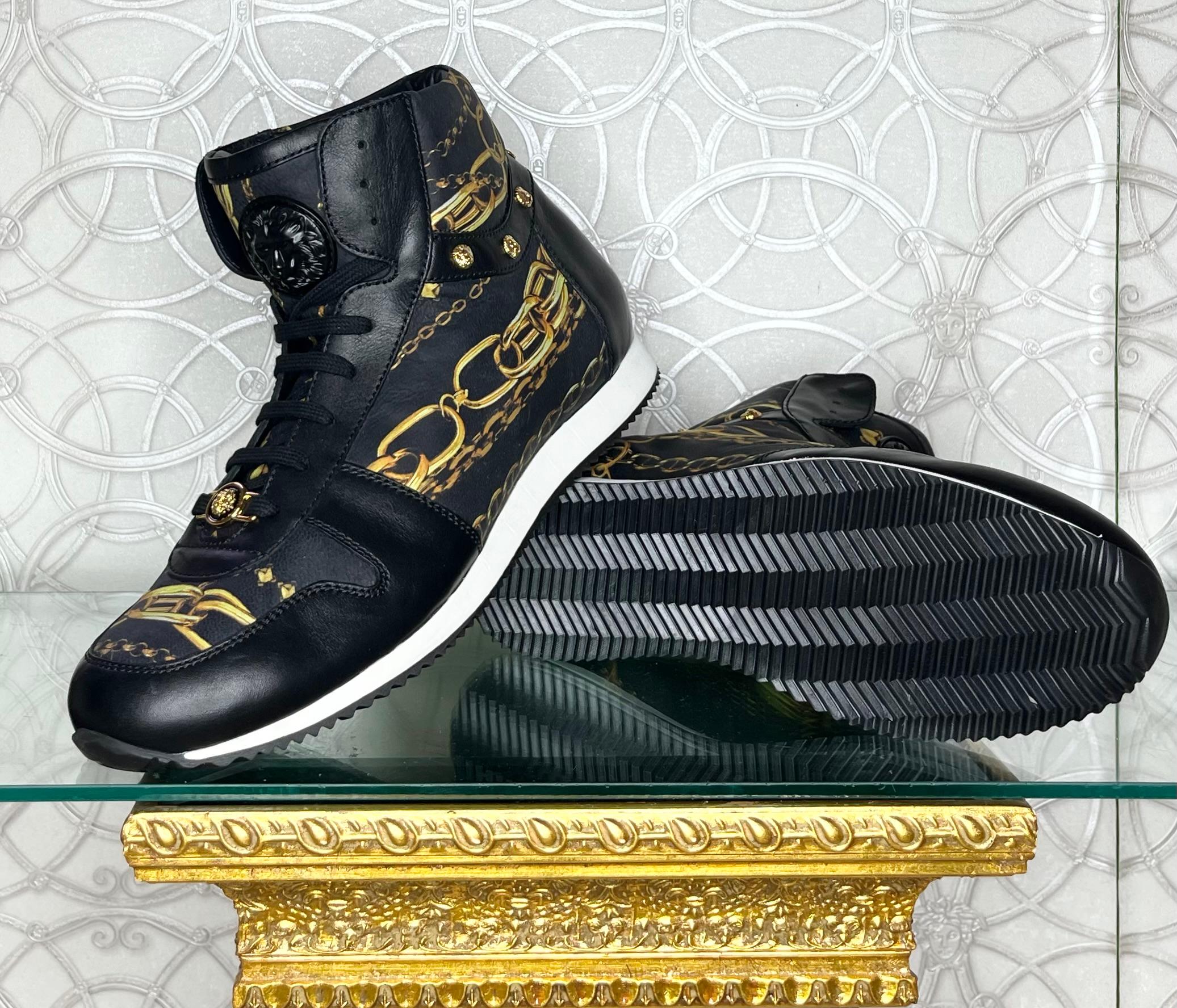 Black VERSACE HIGH-TOP SNEAKERS w/3D MEDUSA BUCKLE and GOLD-TONE ELEMENTS 44.5 - 11.5 For Sale