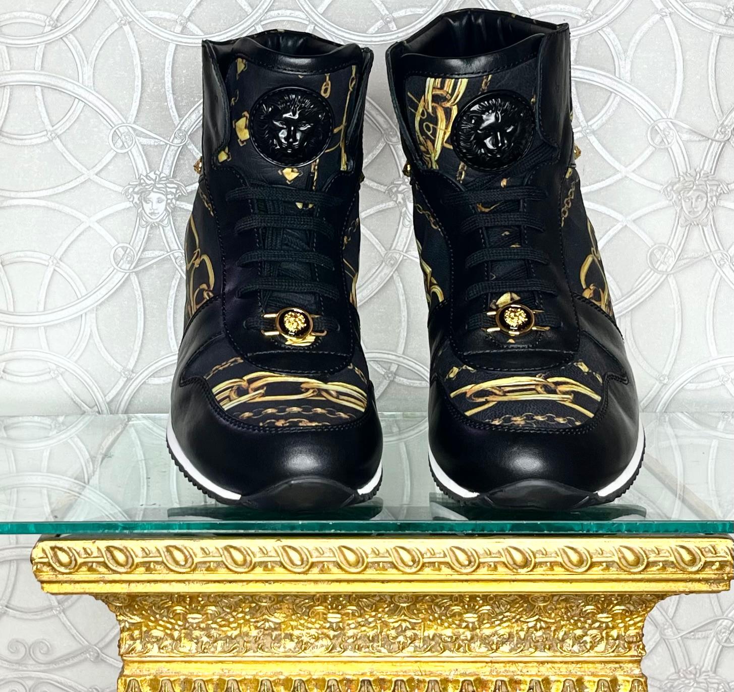 Men's VERSACE HIGH-TOP SNEAKERS w/3D MEDUSA BUCKLE and GOLD-TONE ELEMENTS 44.5 - 11.5 For Sale