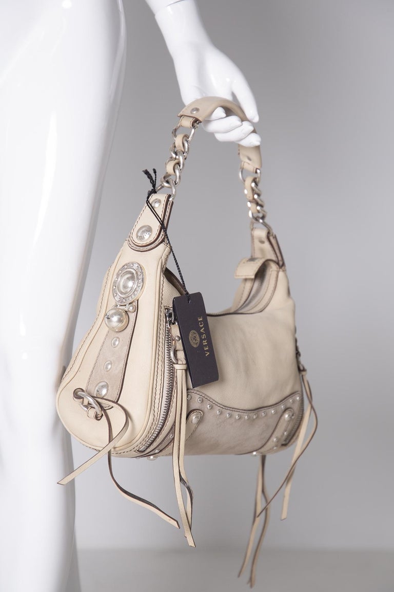 Versace HOBO bag in cream leather and suede with metal studs, 2000 For Sale at 1stDibs bags
