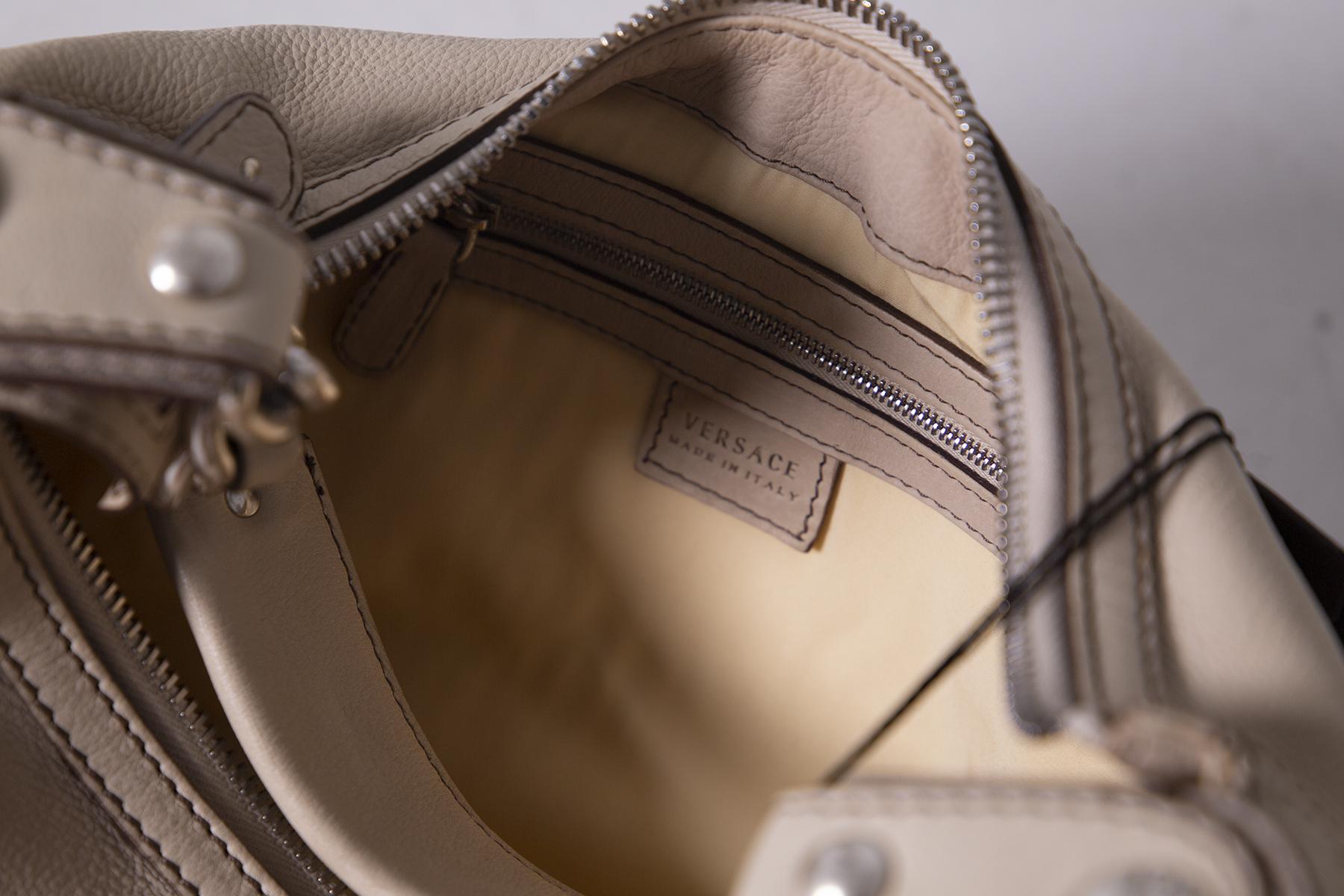 Beige Versace HOBO bag in cream leather and suede with metal studs, 2000 For Sale