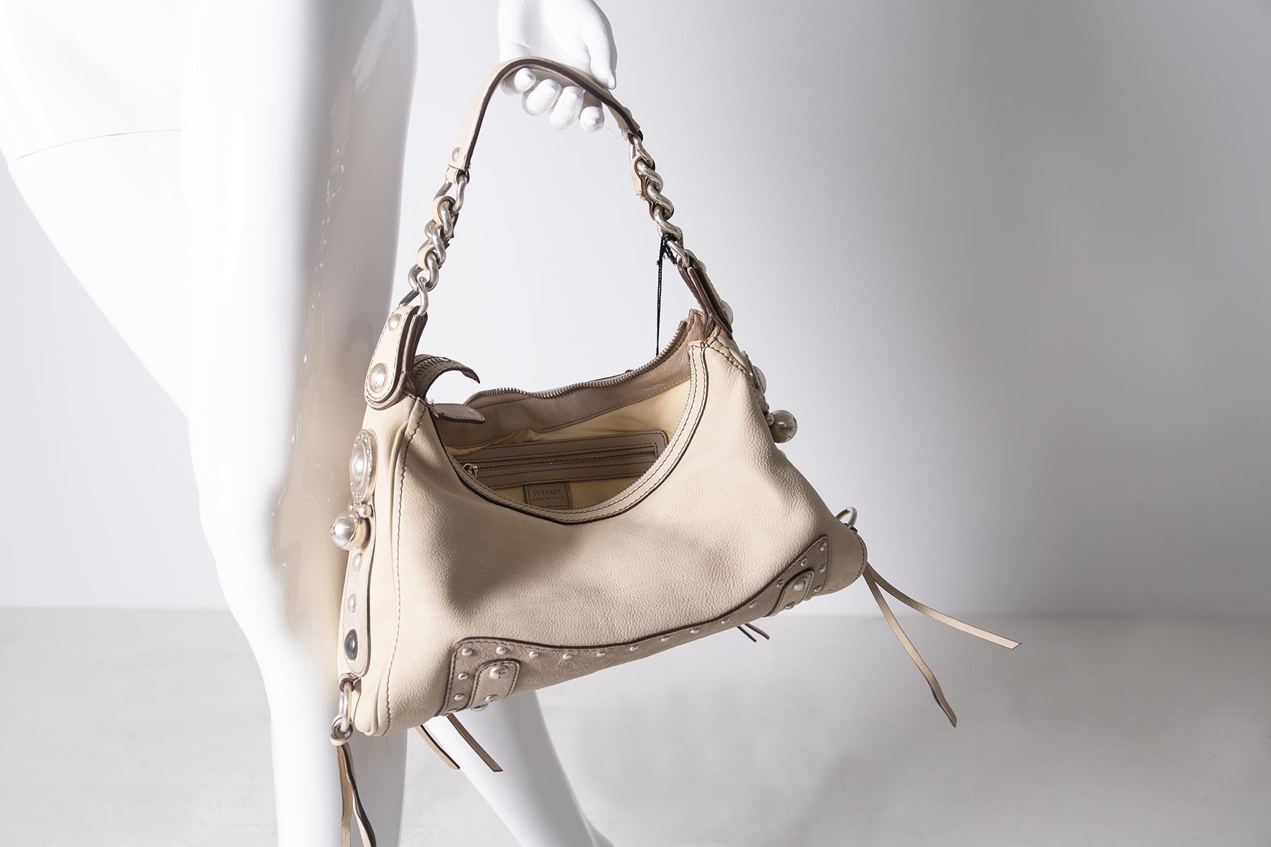 Versace HOBO bag in cream leather and suede with metal studs, 2000 For Sale 1