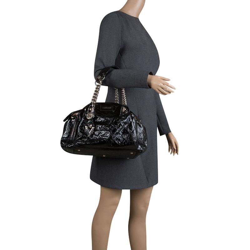 Versace Holographic Black Textured Patent Leather Satchel In Good Condition In Dubai, Al Qouz 2