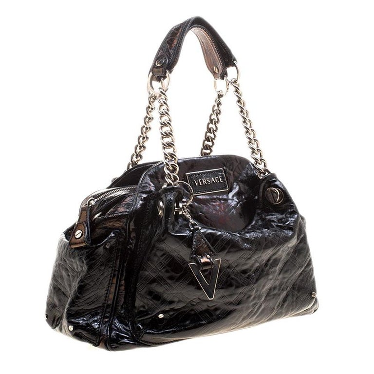 Versace Holographic Black Textured Patent Leather Satchel For Sale