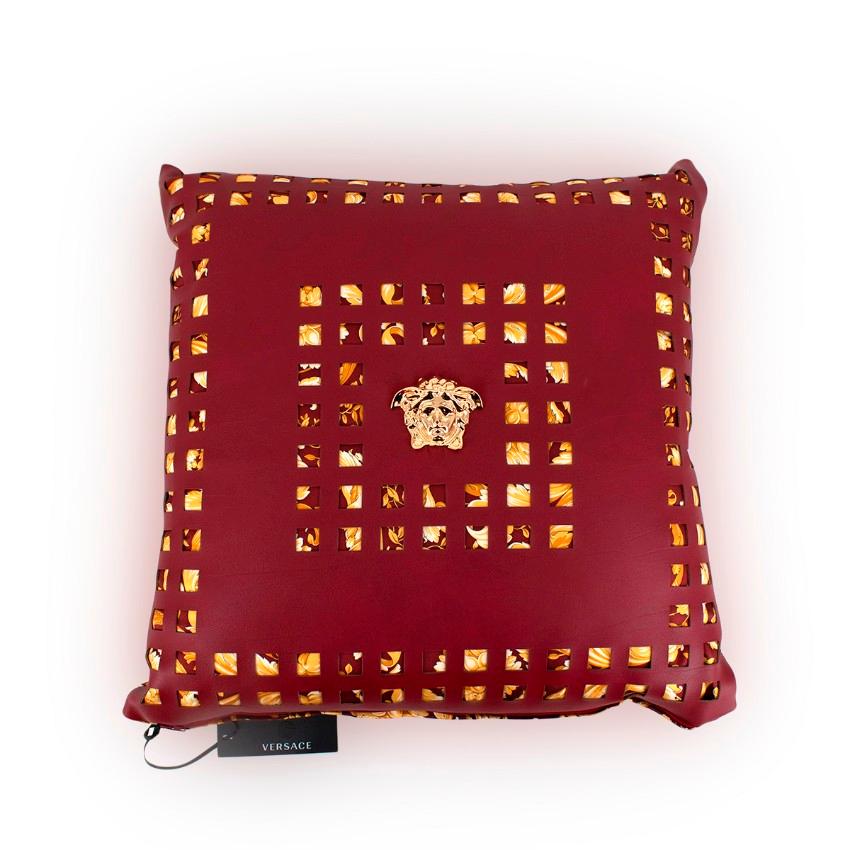 Women's Versace Home Burgundy Baroque Silk Twill Faux Leather Pair of Cushions For Sale