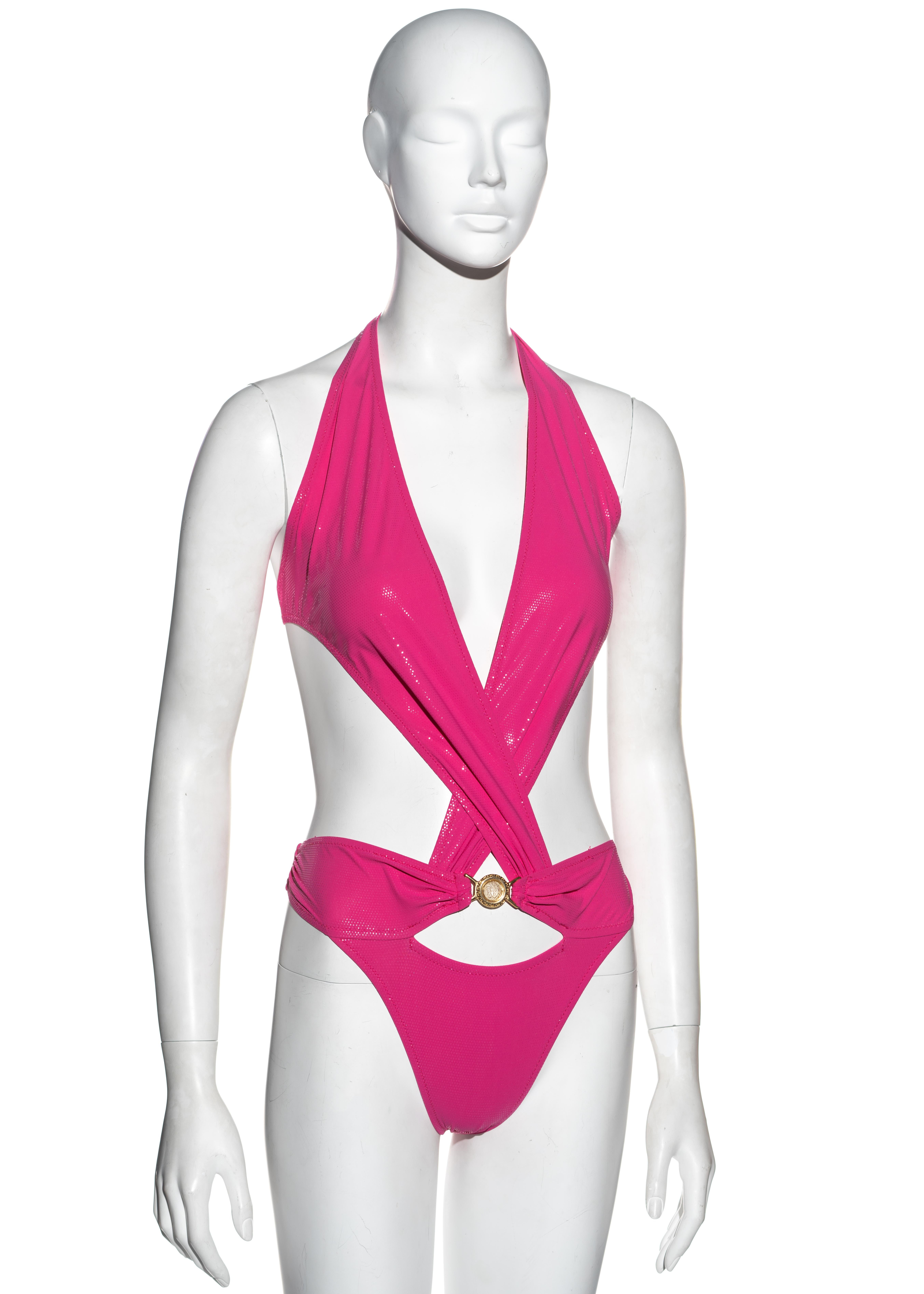 Versace hot glitter pink bandage halter neck bodysuit bath suit, ss 2005  For Sale at 1stDibs